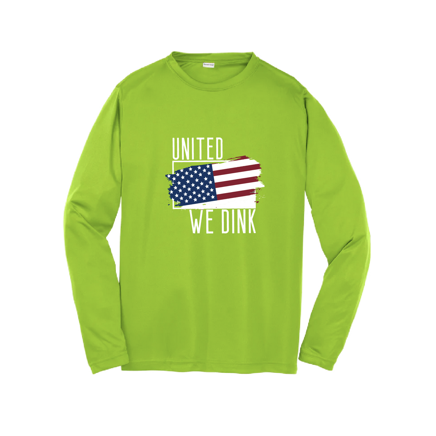 Pickleball Design: United We Dink  Youth Styles: Long Sleeve  Shirts are lightweight, roomy and highly breathable. These moisture-wicking shirts are designed for athletic performance. They feature PosiCharge technology to lock in color and prevent logos from fading. Removable tag and set-in sleeves for comfort.
