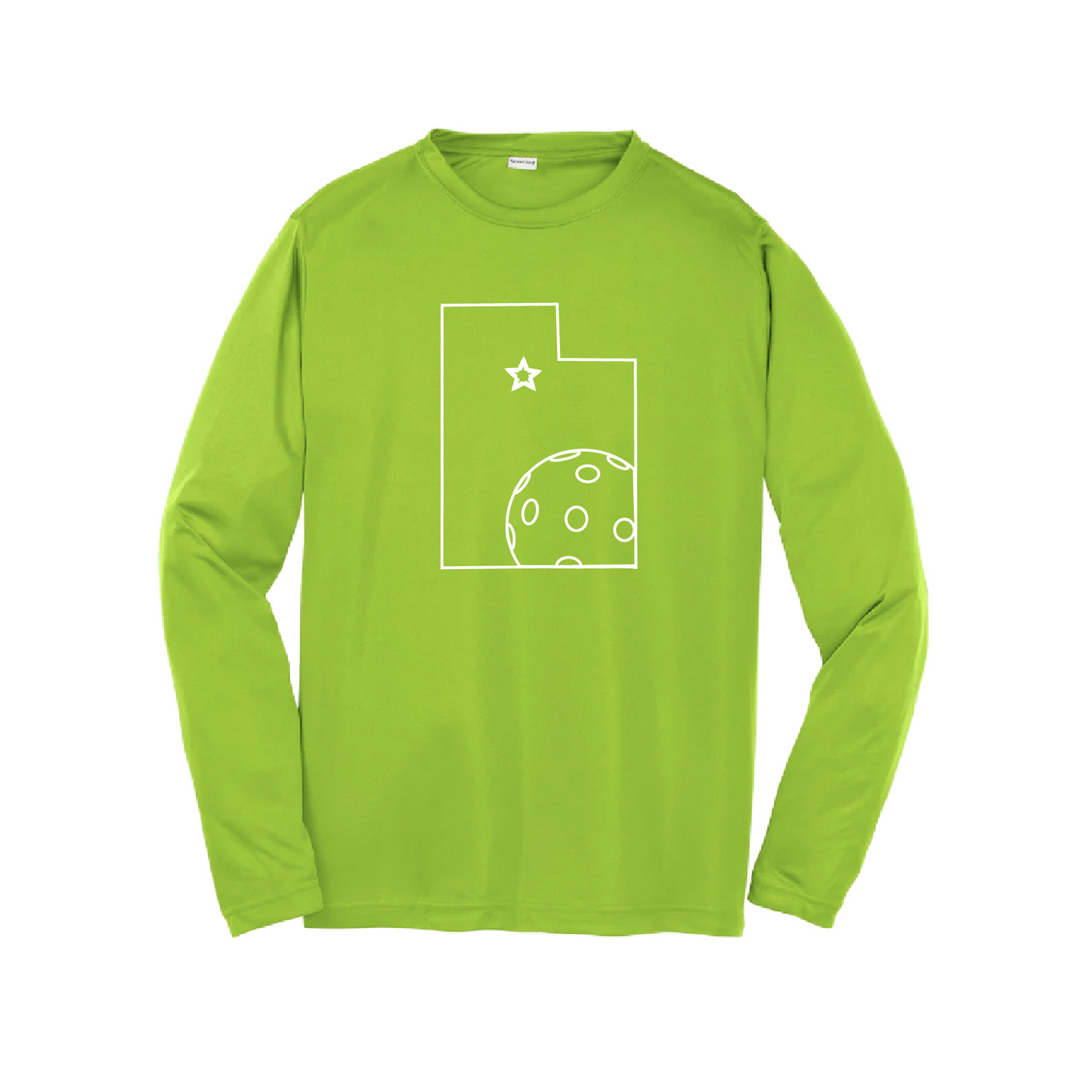 Pickleball Design: Utah with Star and Ball  Style:  Men's Long-Sleeve  Shirts are lightweight, roomy and highly breathable. These moisture-wicking shirts are designed for athletic performance. They feature PosiCharge technology to lock in color and prevent logos from fading. Removable tag and set-in sleeves for comfort.