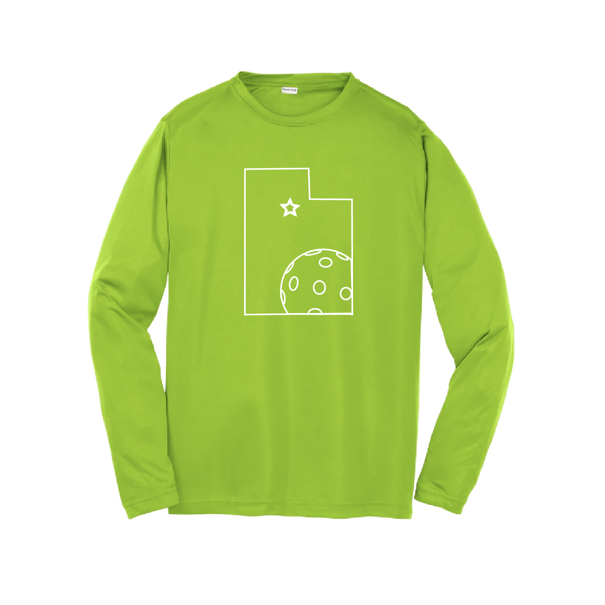 Pickleball Design: Utah with Star and Ball  Style:  Men's Long-Sleeve  Shirts are lightweight, roomy and highly breathable. These moisture-wicking shirts are designed for athletic performance. They feature PosiCharge technology to lock in color and prevent logos from fading. Removable tag and set-in sleeves for comfort.
