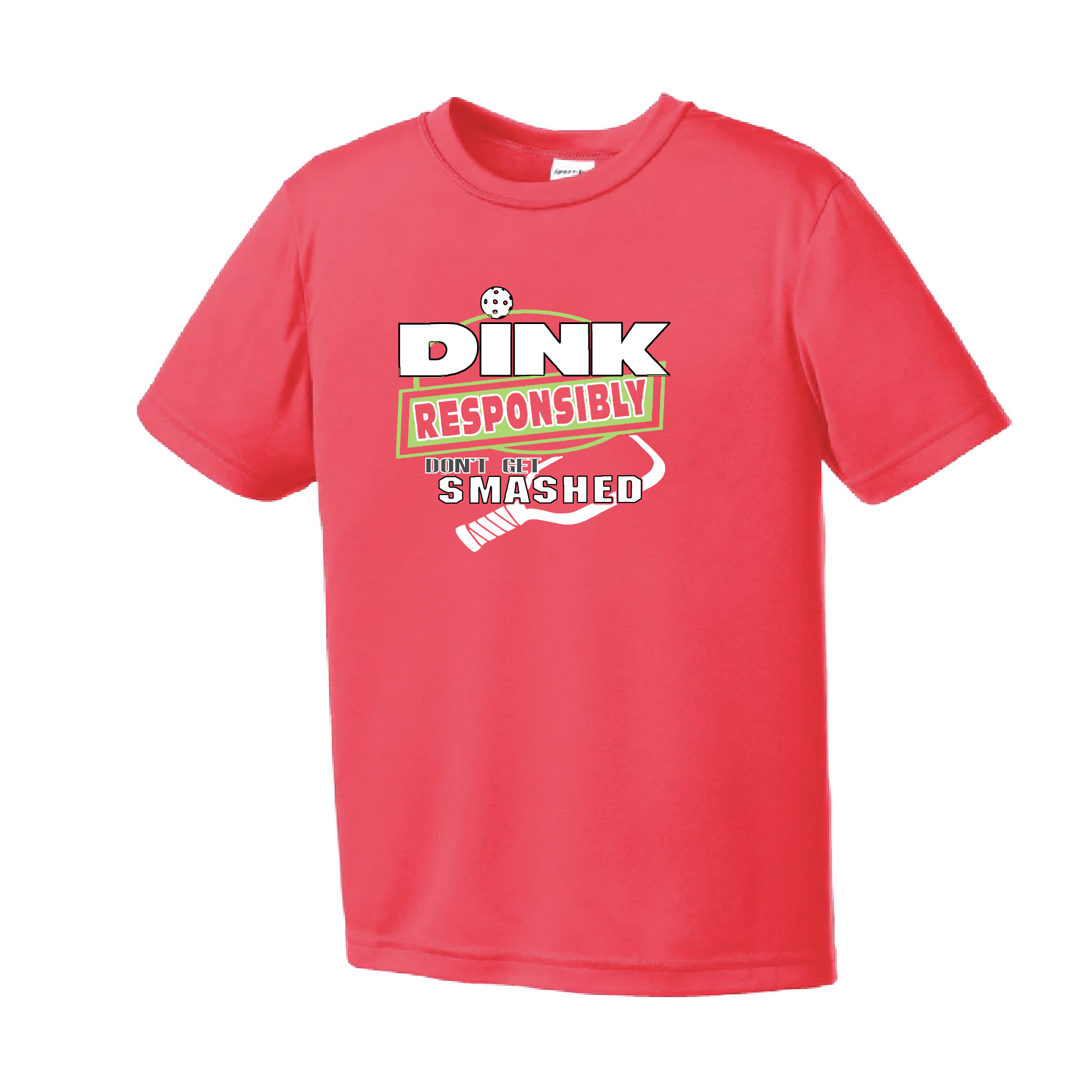 Pickleball Design: Dink Responsibly - Don't Get Smashed  Youth Style: Short Sleeve  Shirts are lightweight, roomy and highly breathable. These moisture-wicking shirts are designed for athletic performance. They feature PosiCharge technology to lock in color and prevent logos from fading. Removable tag and set-in sleeves for comfort.