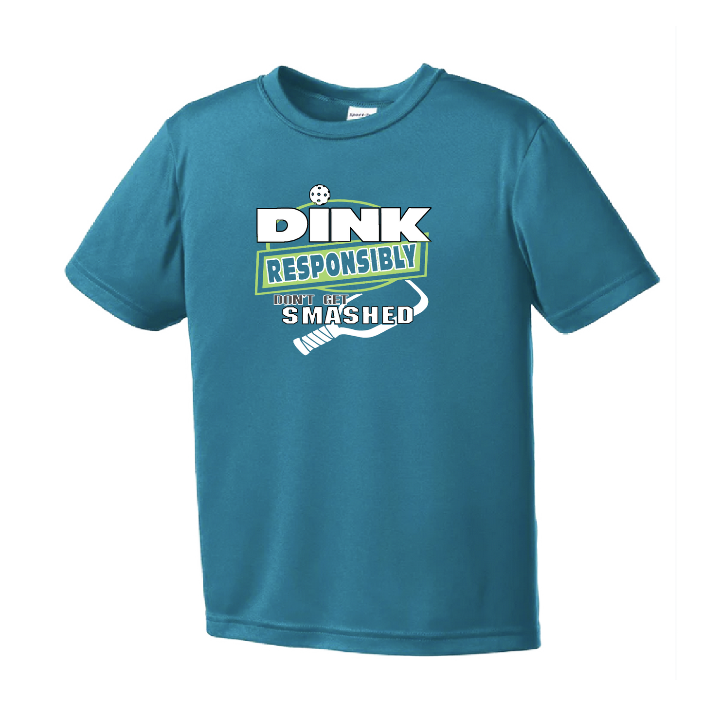 Pickleball Design: Dink Responsibly - Don't Get Smashed  Youth Style: Short Sleeve  Shirts are lightweight, roomy and highly breathable. These moisture-wicking shirts are designed for athletic performance. They feature PosiCharge technology to lock in color and prevent logos from fading. Removable tag and set-in sleeves for comfort.