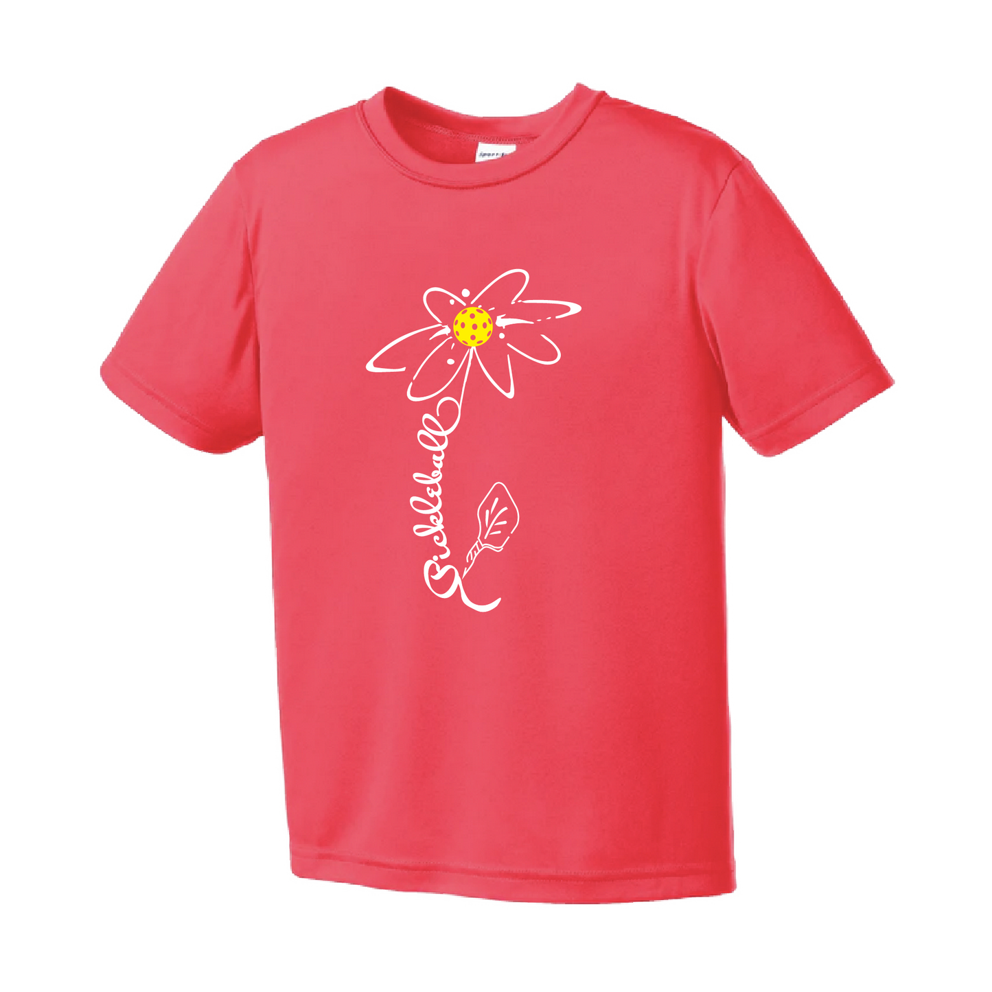 Pickleball Design: Pickleball Flower  Youth Style: Short Sleeve  Shirts are lightweight, roomy and highly breathable. These moisture-wicking shirts are designed for athletic performance. They feature PosiCharge technology to lock in color and prevent logos from fading. Removable tag and set-in sleeves for comfort.