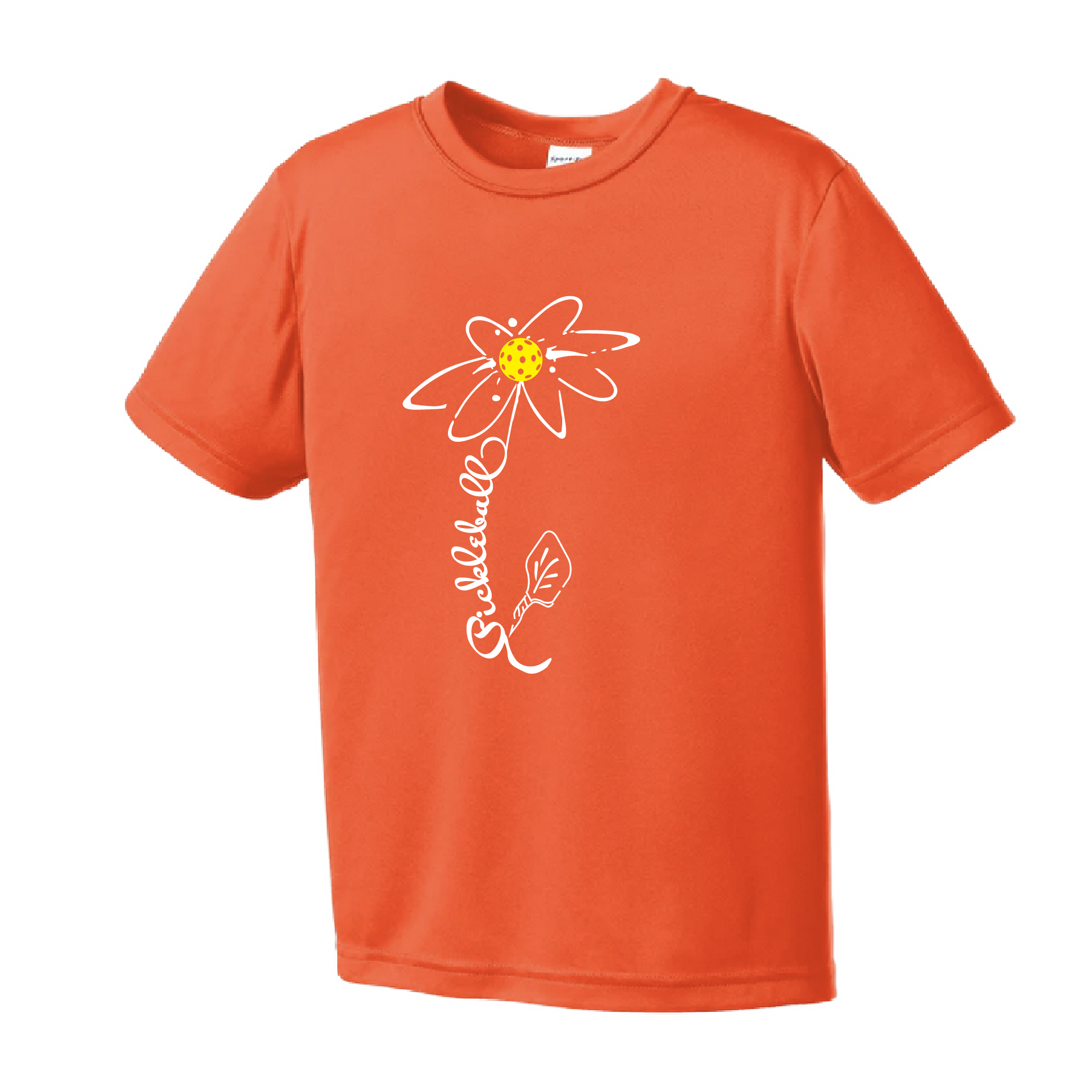 Pickleball Design: Pickleball Flower  Youth Style: Short Sleeve  Shirts are lightweight, roomy and highly breathable. These moisture-wicking shirts are designed for athletic performance. They feature PosiCharge technology to lock in color and prevent logos from fading. Removable tag and set-in sleeves for comfort.