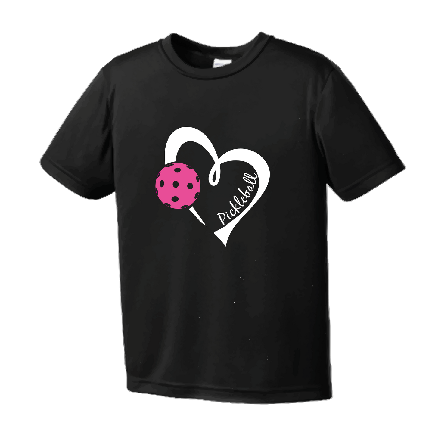 Pickleball Design: Heart with Ball  Youth Styles: Short Sleeve  Shirts are lightweight, roomy and highly breathable. These moisture-wicking shirts are designed for athletic performance. They feature PosiCharge technology to lock in color and prevent logos from fading. Removable tag and set-in sleeves for comfort.