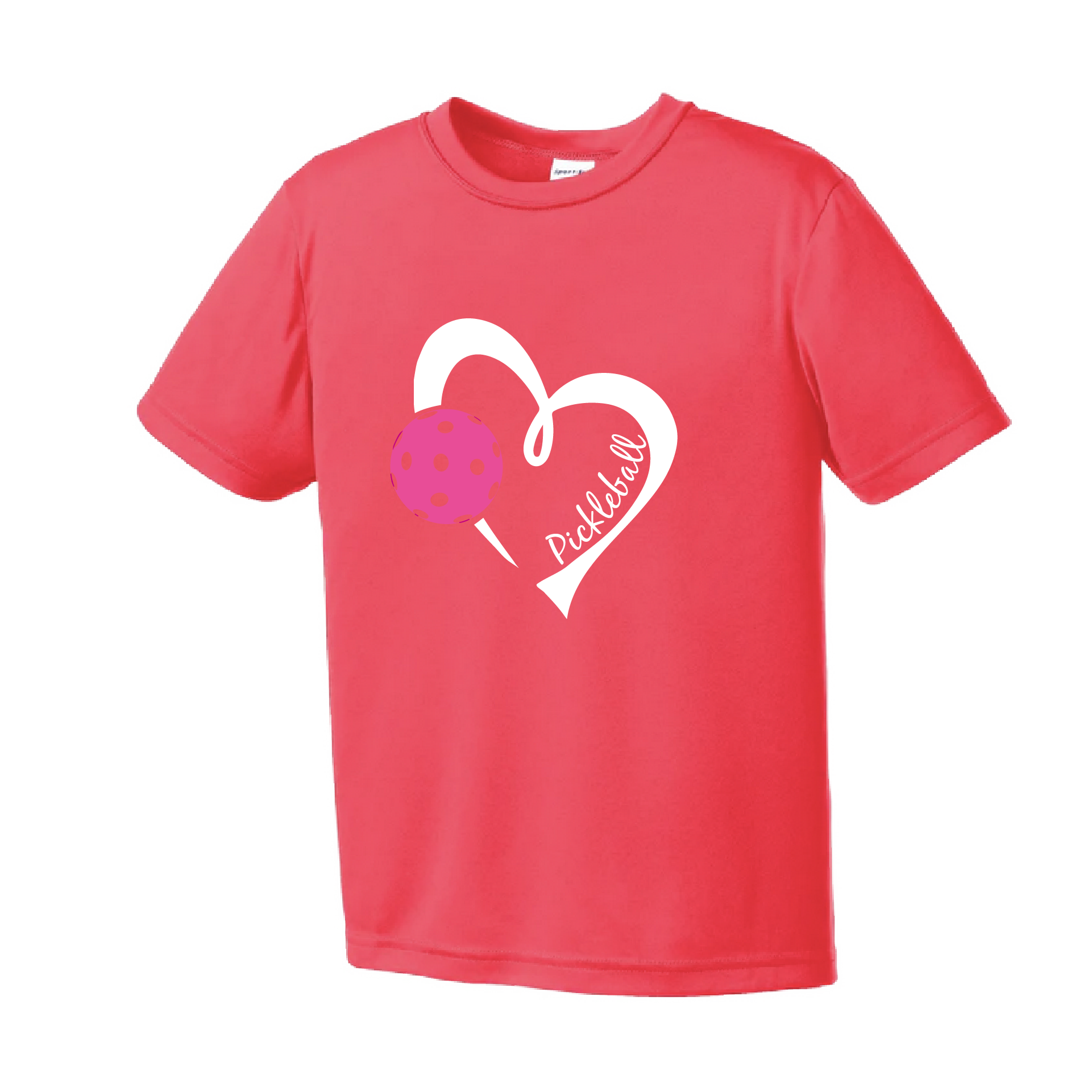 Pickleball Design: Heart with Ball  Youth Styles: Short Sleeve  Shirts are lightweight, roomy and highly breathable. These moisture-wicking shirts are designed for athletic performance. They feature PosiCharge technology to lock in color and prevent logos from fading. Removable tag and set-in sleeves for comfort.