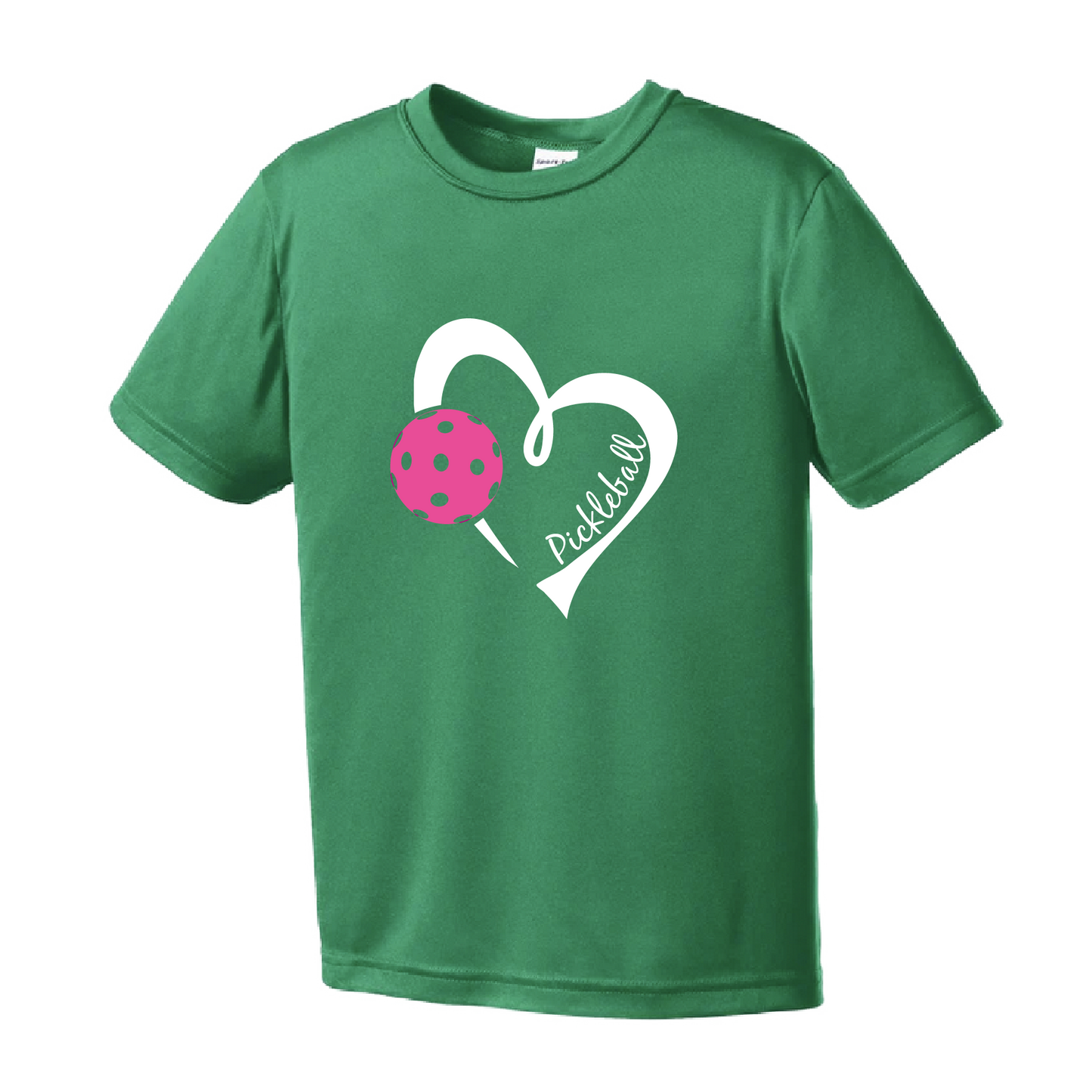 Pickleball Design: Heart with Ball  Youth Styles: Short Sleeve  Shirts are lightweight, roomy and highly breathable. These moisture-wicking shirts are designed for athletic performance. They feature PosiCharge technology to lock in color and prevent logos from fading. Removable tag and set-in sleeves for comfort.