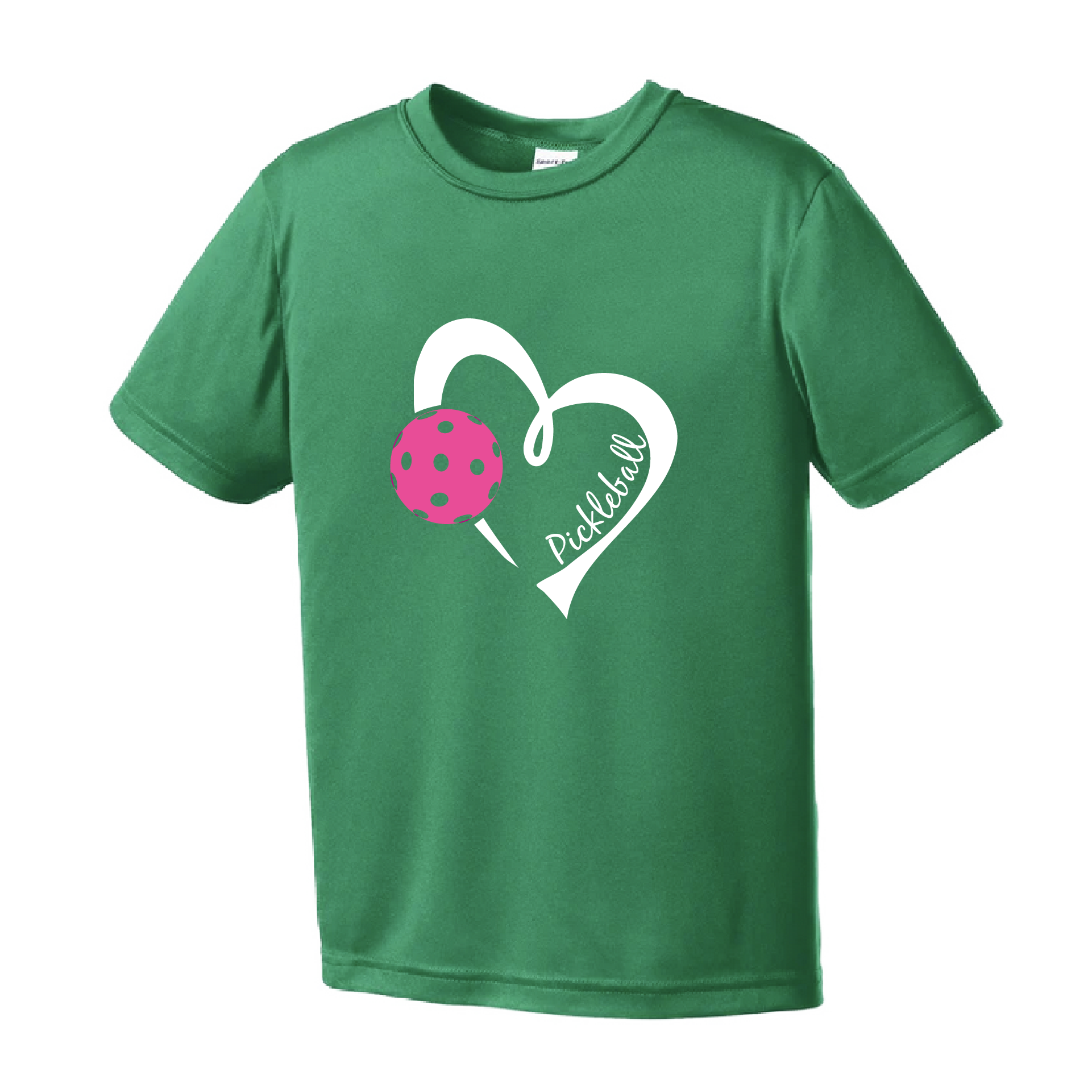 Pickleball Design: Heart with Ball  Youth Styles: Short Sleeve  Shirts are lightweight, roomy and highly breathable. These moisture-wicking shirts are designed for athletic performance. They feature PosiCharge technology to lock in color and prevent logos from fading. Removable tag and set-in sleeves for comfort.