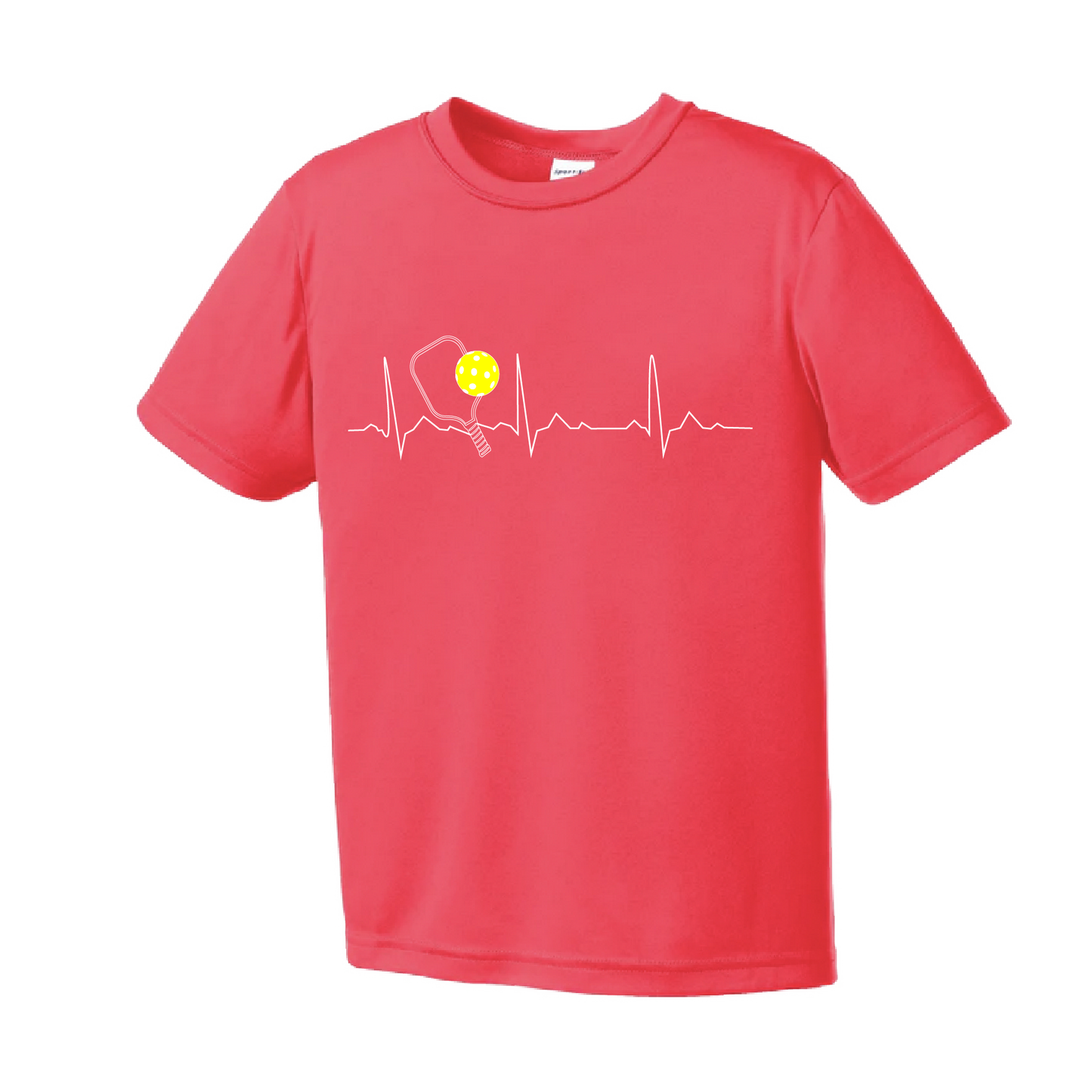 Pickleball Design: Heartbeat  Youth Styles: Short Sleeve  Shirts are lightweight, roomy and highly breathable. These moisture-wicking shirts are designed for athletic performance. They feature PosiCharge technology to lock in color and prevent logos from fading. Removable tag and set-in sleeves for comfort.