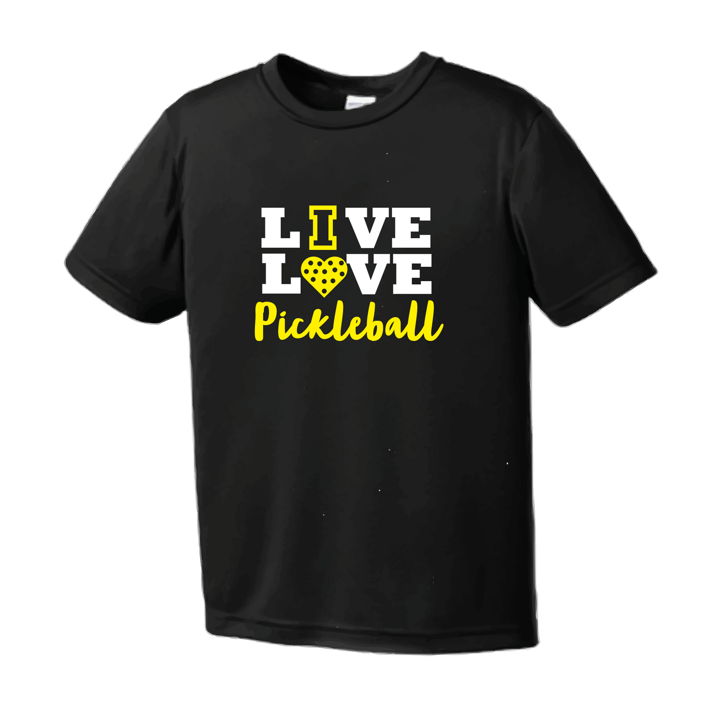 Pickleball Design: Live Love Pickleball  Youth Style: Short Sleeve  Shirts are lightweight, roomy and highly breathable. These moisture-wicking shirts are designed for athletic performance. They feature PosiCharge technology to lock in color and prevent logos from fading. Removable tag and set-in sleeves for comfort.