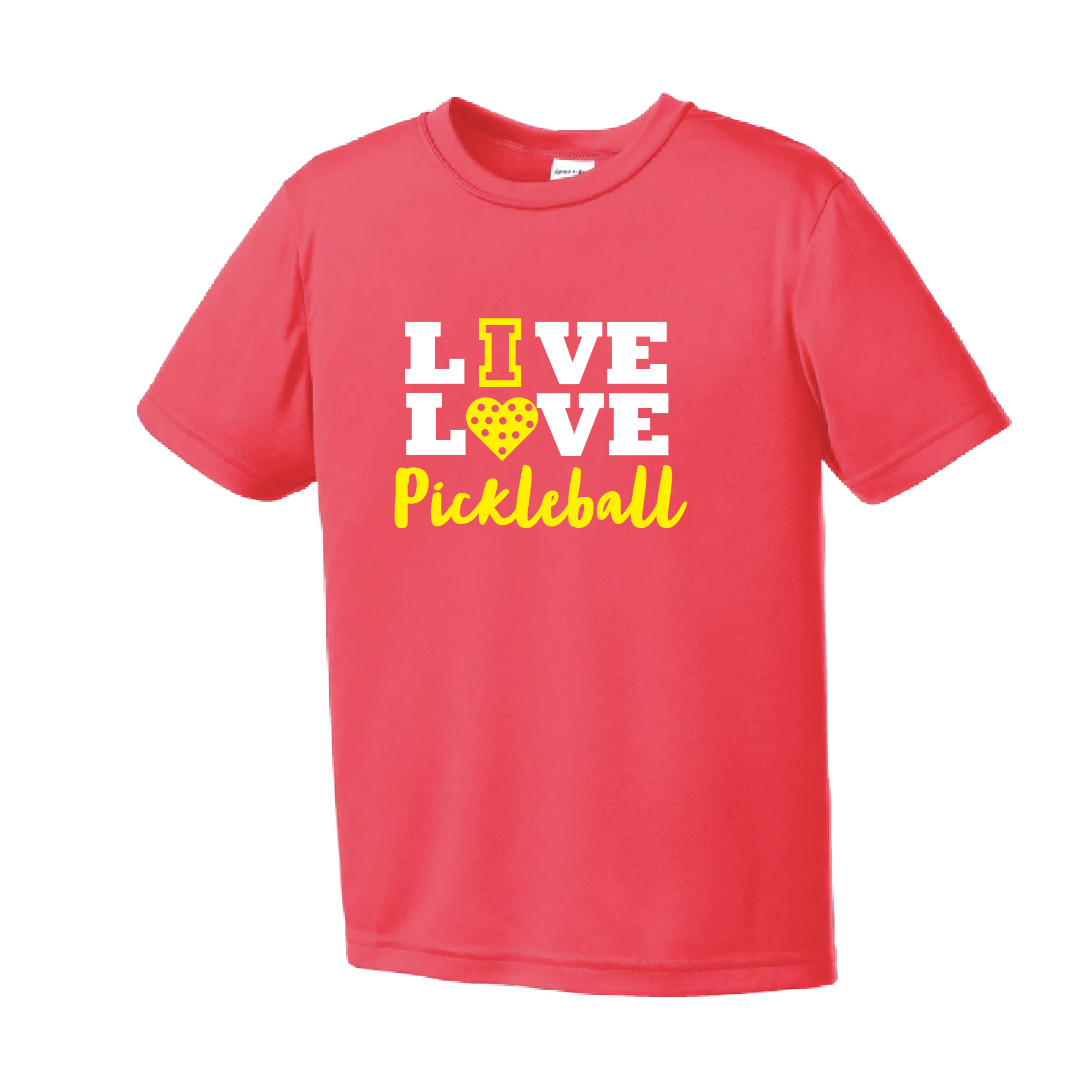 Pickleball Design: Live Love Pickleball  Youth Style: Short Sleeve  Shirts are lightweight, roomy and highly breathable. These moisture-wicking shirts are designed for athletic performance. They feature PosiCharge technology to lock in color and prevent logos from fading. Removable tag and set-in sleeves for comfort.