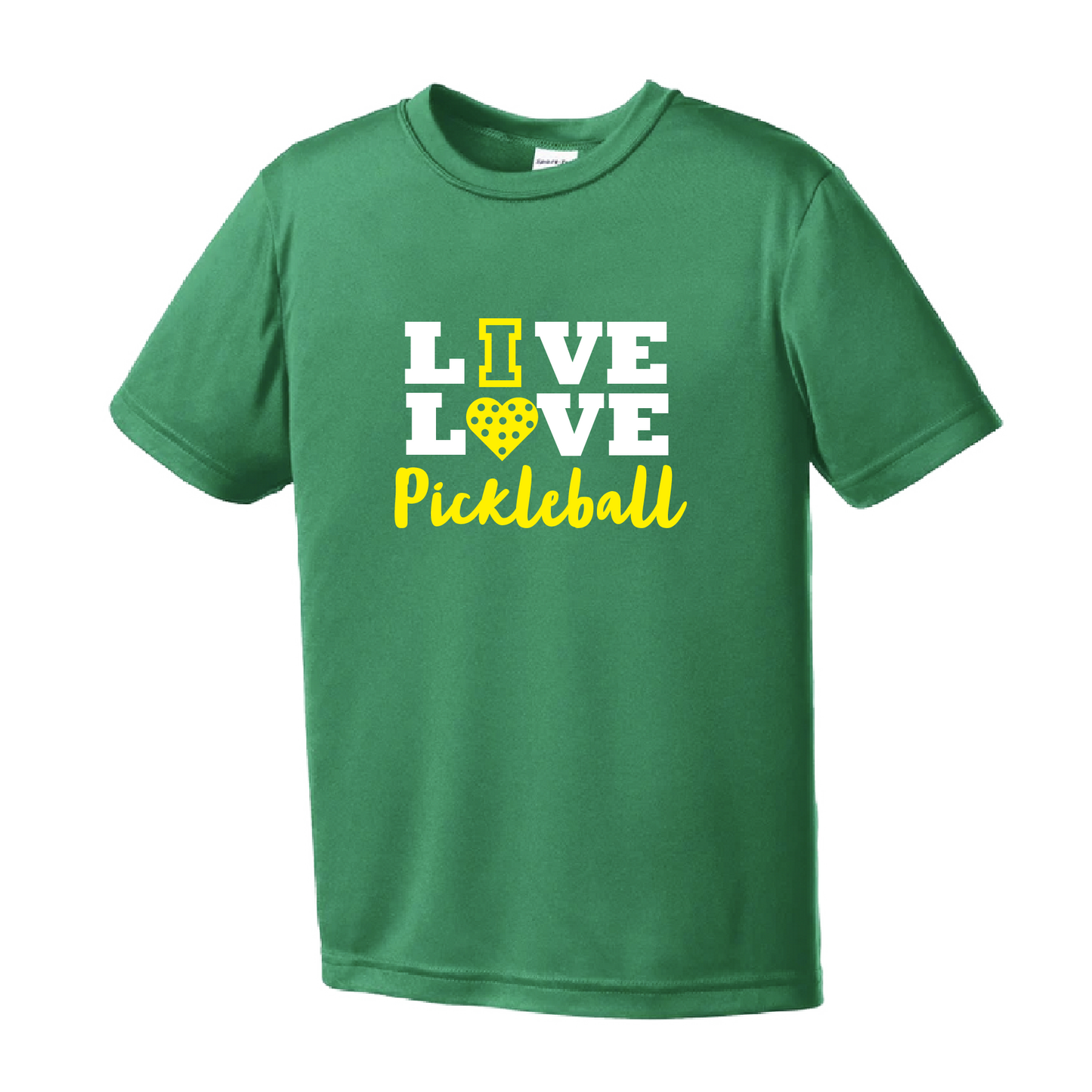 Pickleball Design: Live Love Pickleball  Youth Style: Short Sleeve  Shirts are lightweight, roomy and highly breathable. These moisture-wicking shirts are designed for athletic performance. They feature PosiCharge technology to lock in color and prevent logos from fading. Removable tag and set-in sleeves for comfort.