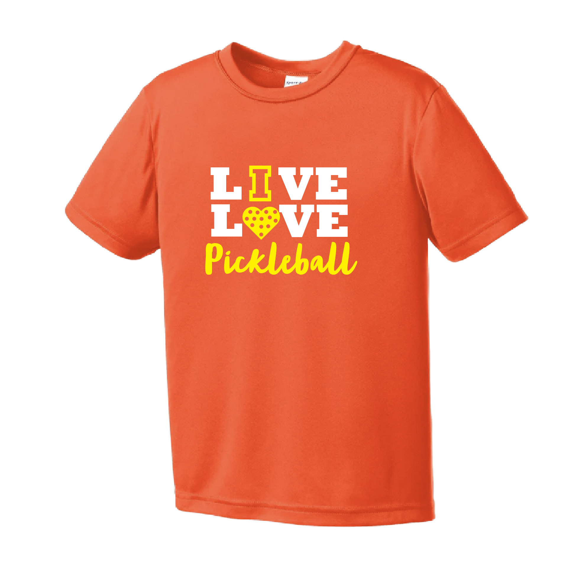 Pickleball Design: Live Love Pickleball  Youth Style: Short Sleeve  Shirts are lightweight, roomy and highly breathable. These moisture-wicking shirts are designed for athletic performance. They feature PosiCharge technology to lock in color and prevent logos from fading. Removable tag and set-in sleeves for comfort.