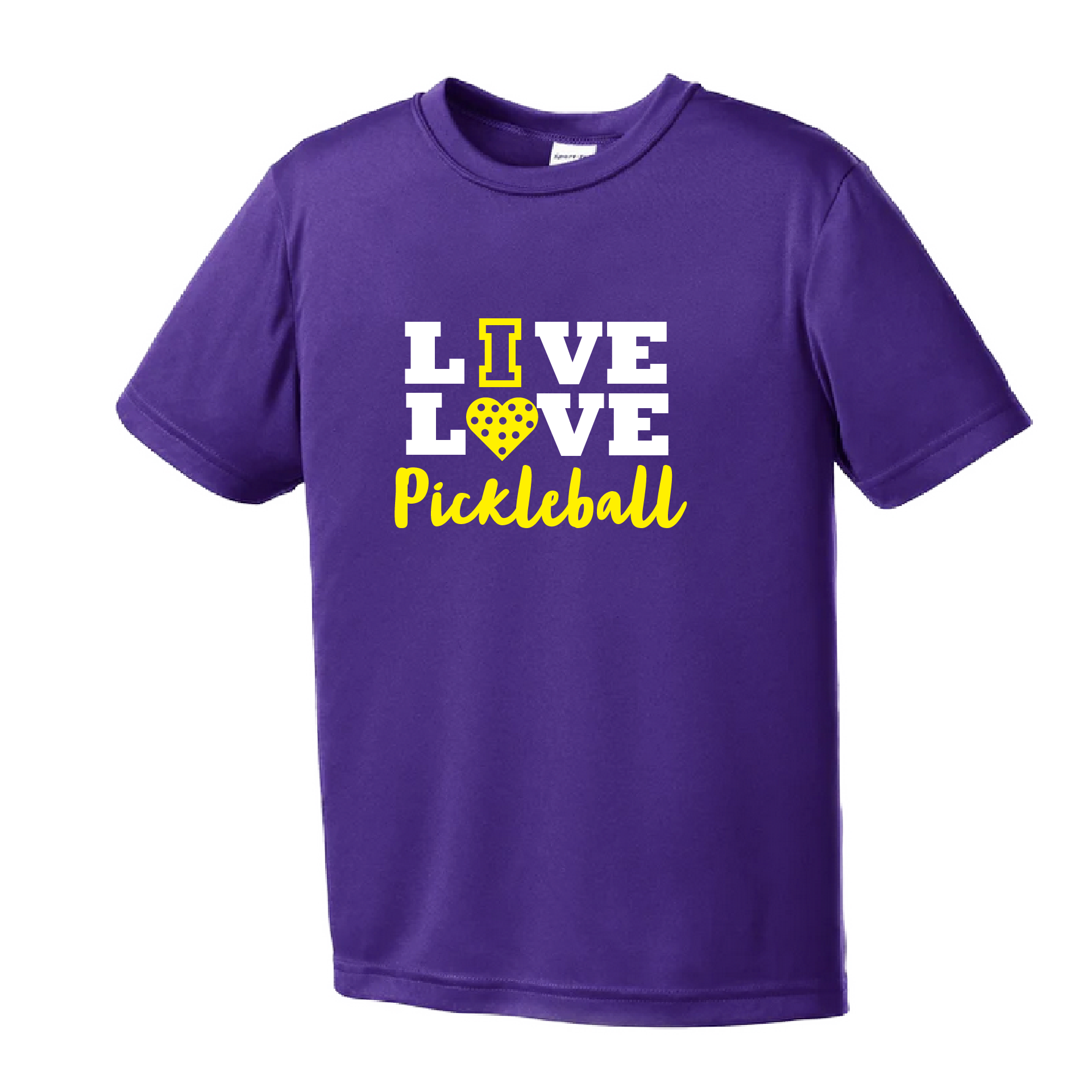 Pickleball Design: Live Love Pickleball  Youth Style: Short Sleeve  Shirts are lightweight, roomy and highly breathable. These moisture-wicking shirts are designed for athletic performance. They feature PosiCharge technology to lock in color and prevent logos from fading. Removable tag and set-in sleeves for comfort.