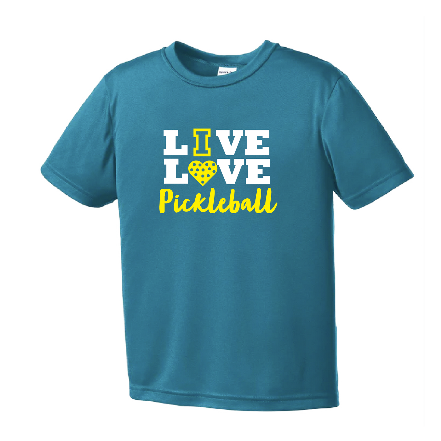 Pickleball Design: Live Love Pickleball  Youth Style: Short Sleeve  Shirts are lightweight, roomy and highly breathable. These moisture-wicking shirts are designed for athletic performance. They feature PosiCharge technology to lock in color and prevent logos from fading. Removable tag and set-in sleeves for comfort.