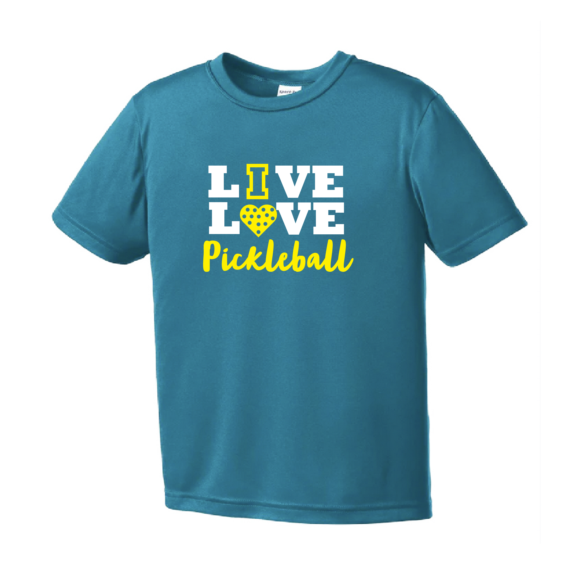 Pickleball Design: Live Love Pickleball  Youth Style: Short Sleeve  Shirts are lightweight, roomy and highly breathable. These moisture-wicking shirts are designed for athletic performance. They feature PosiCharge technology to lock in color and prevent logos from fading. Removable tag and set-in sleeves for comfort.