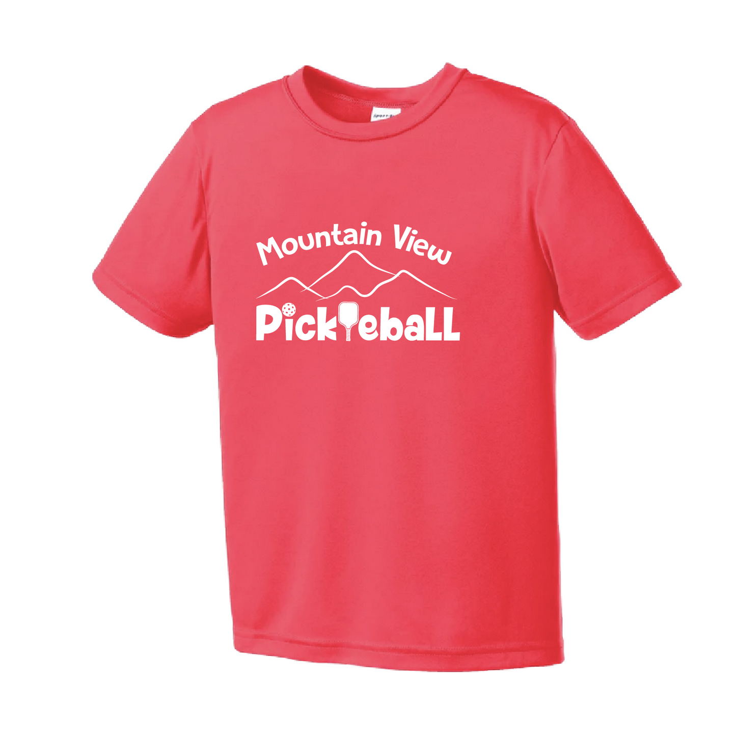 Pickleball Design: Mountain View Pickleball Club  Youth Styles: Short Sleeve  Shirt are lightweight, roomy and highly breathable. These moisture-wicking shirts are designed for athletic performance. They feature PosiCharge technology to lock in color and prevent logos from fading. Removable tag and set-in sleeves for comfort. 