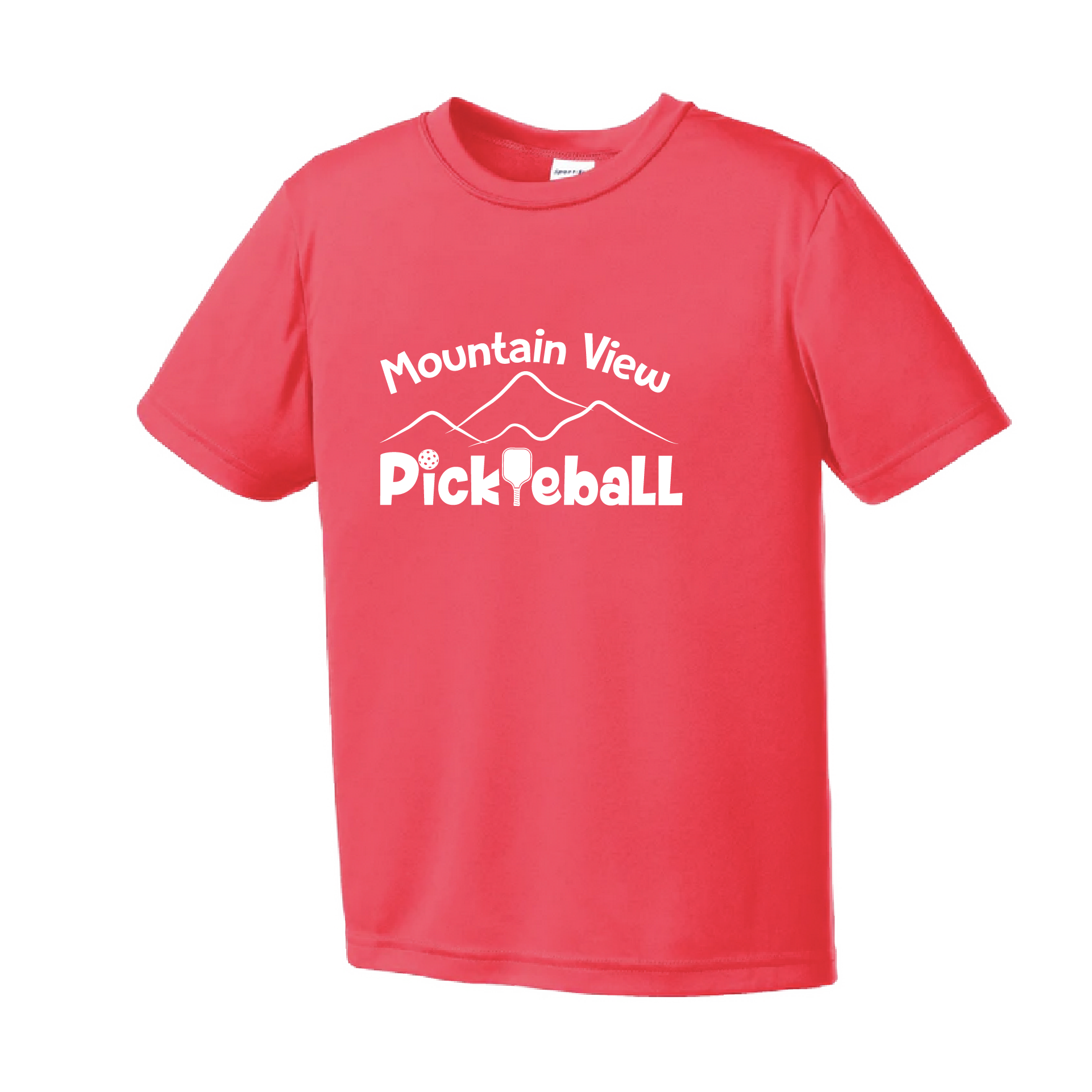 Pickleball Design: Mountain View Pickleball Club  Youth Styles: Short Sleeve  Shirt are lightweight, roomy and highly breathable. These moisture-wicking shirts are designed for athletic performance. They feature PosiCharge technology to lock in color and prevent logos from fading. Removable tag and set-in sleeves for comfort. 