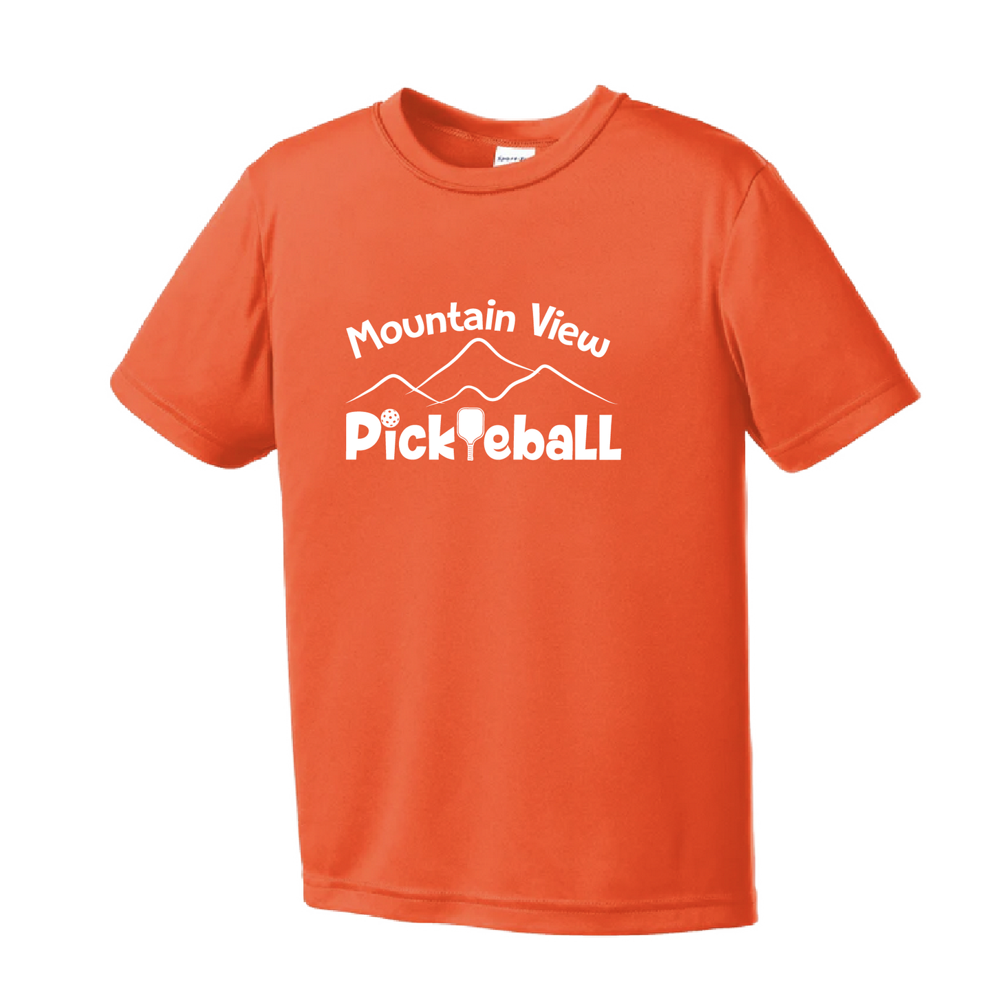 Pickleball Design: Mountain View Pickleball Club  Youth Styles: Short Sleeve  Shirt are lightweight, roomy and highly breathable. These moisture-wicking shirts are designed for athletic performance. They feature PosiCharge technology to lock in color and prevent logos from fading. Removable tag and set-in sleeves for comfort. 