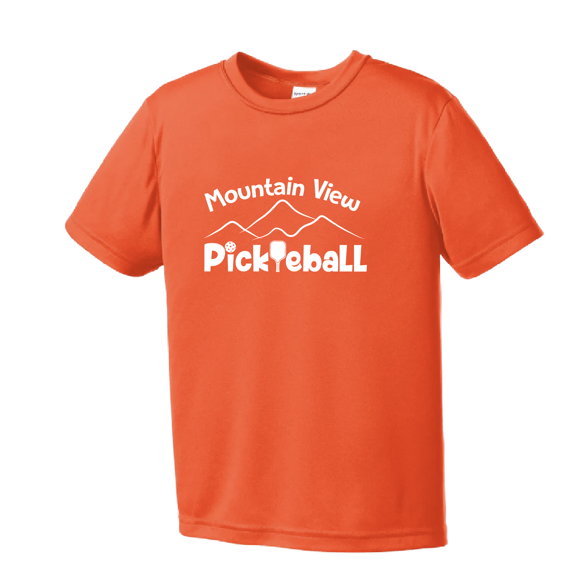 Pickleball Design: Mountain View Pickleball Club  Youth Styles: Short Sleeve  Shirt are lightweight, roomy and highly breathable. These moisture-wicking shirts are designed for athletic performance. They feature PosiCharge technology to lock in color and prevent logos from fading. Removable tag and set-in sleeves for comfort. 
