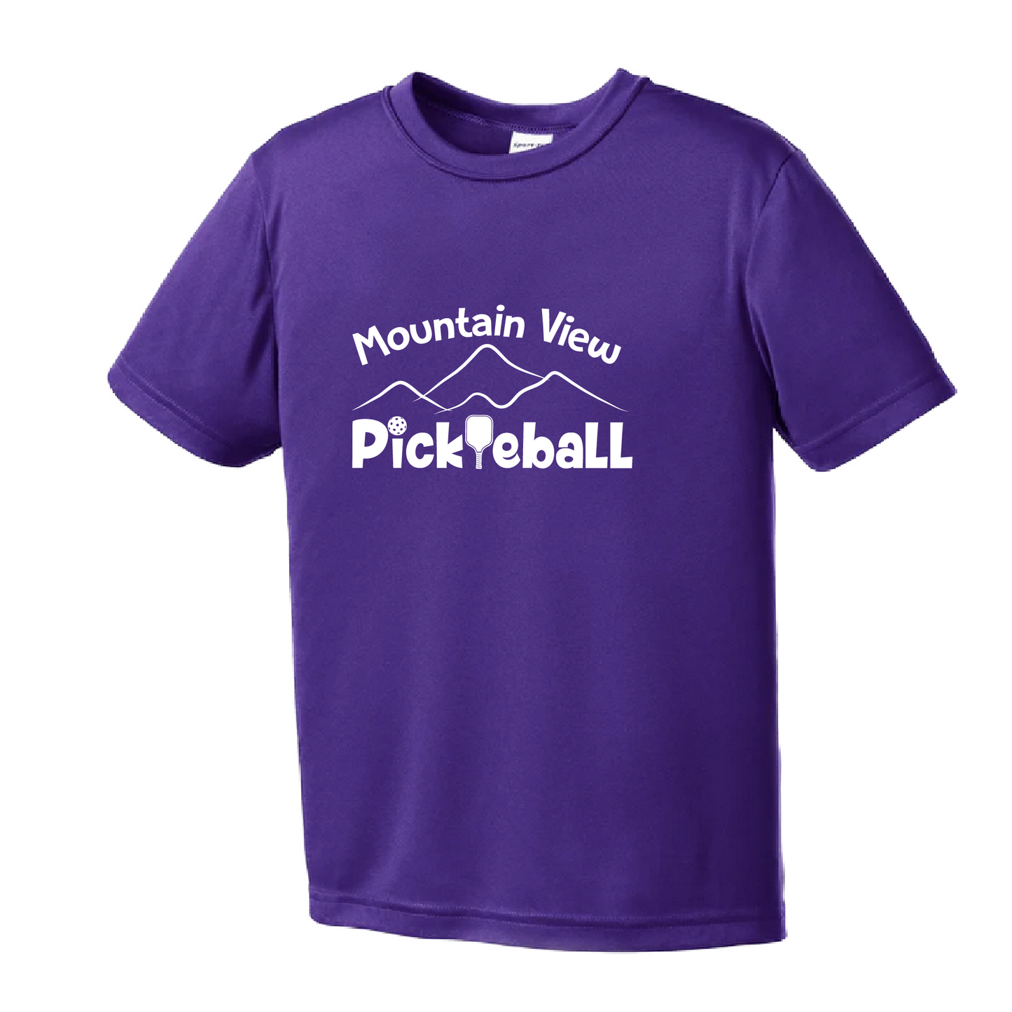 Pickleball Design: Mountain View Pickleball Club  Youth Styles: Short Sleeve  Shirt are lightweight, roomy and highly breathable. These moisture-wicking shirts are designed for athletic performance. They feature PosiCharge technology to lock in color and prevent logos from fading. Removable tag and set-in sleeves for comfort. 