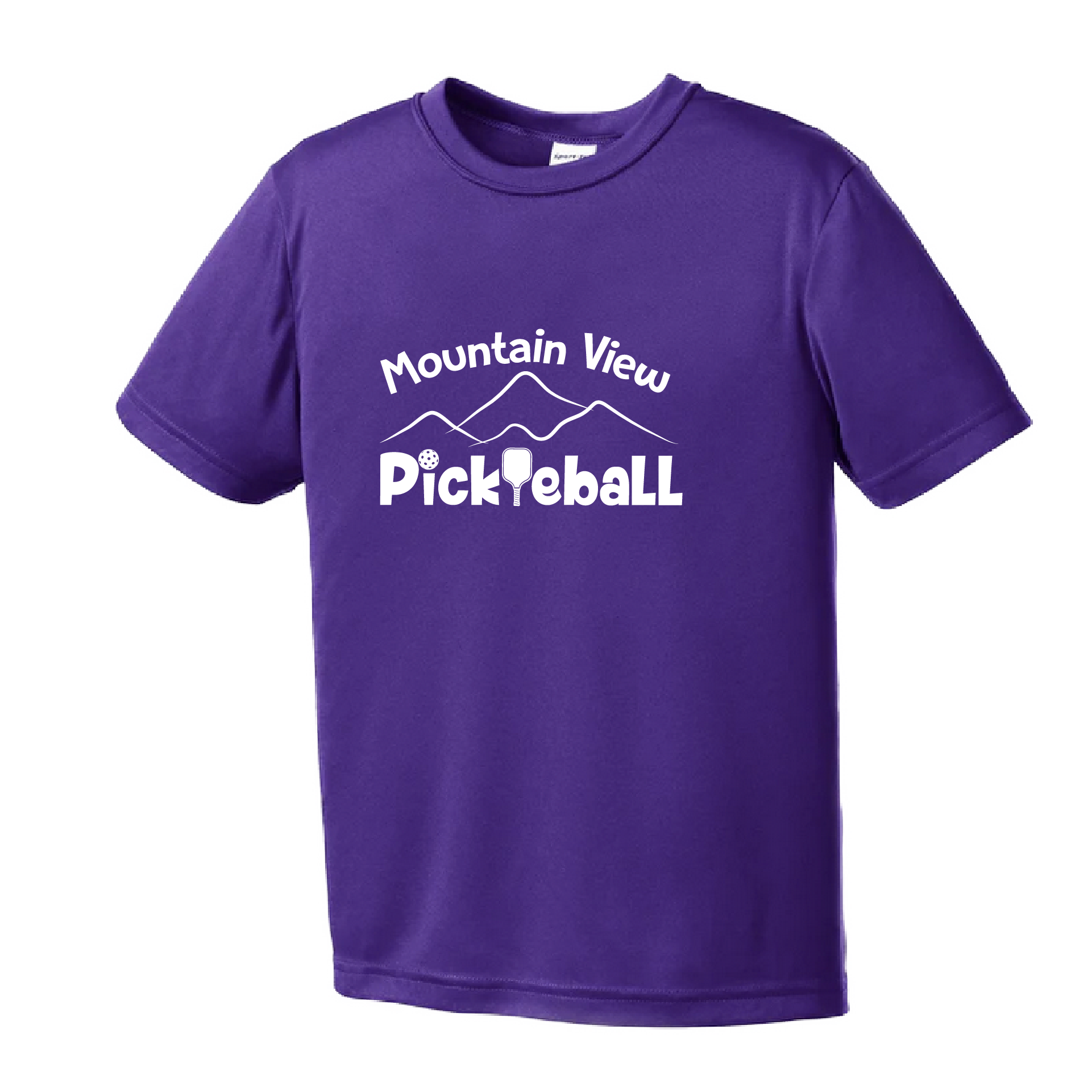 Pickleball Design: Mountain View Pickleball Club  Youth Styles: Short Sleeve  Shirt are lightweight, roomy and highly breathable. These moisture-wicking shirts are designed for athletic performance. They feature PosiCharge technology to lock in color and prevent logos from fading. Removable tag and set-in sleeves for comfort. 