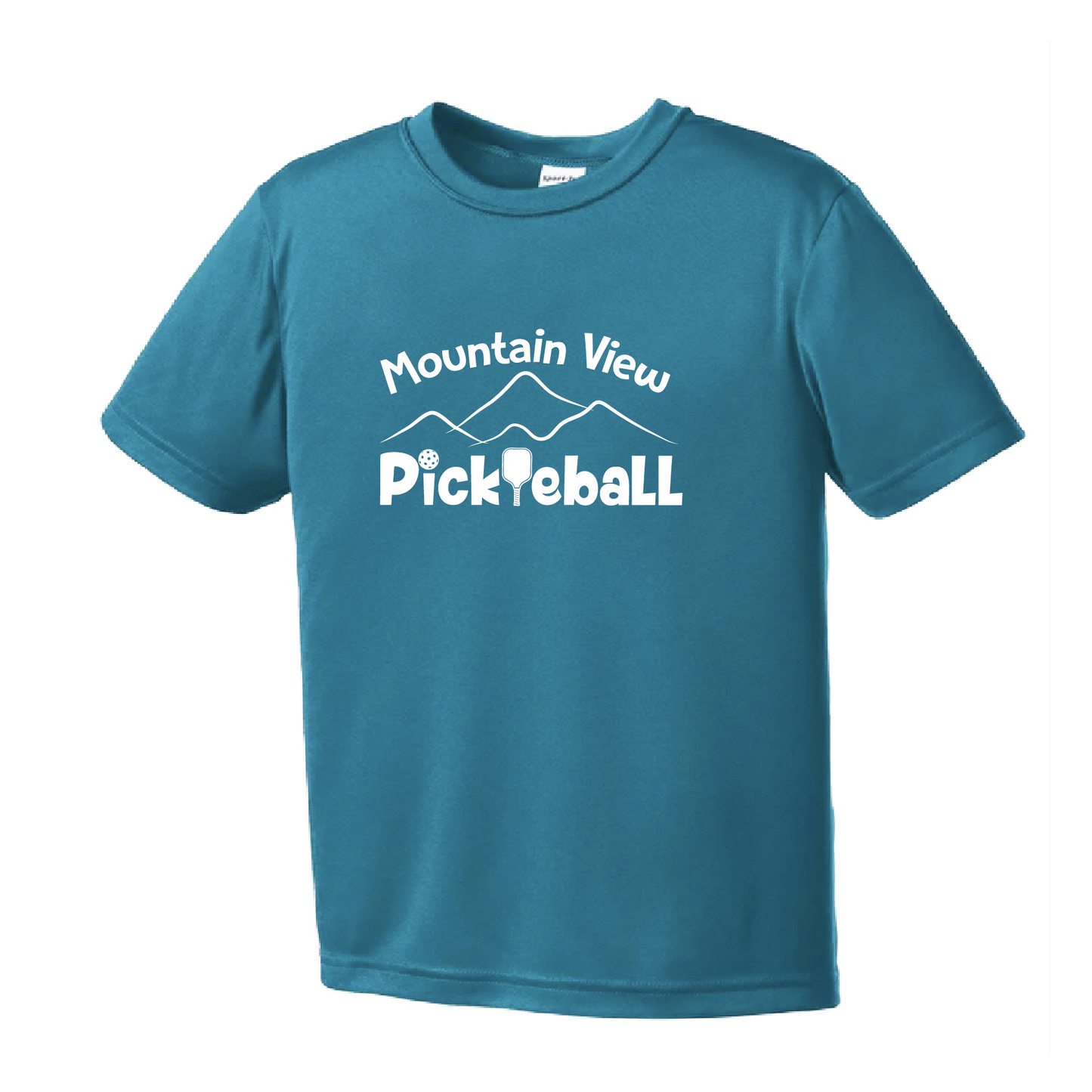 Pickleball Design: Mountain View Pickleball Club  Youth Styles: Short Sleeve  Shirt are lightweight, roomy and highly breathable. These moisture-wicking shirts are designed for athletic performance. They feature PosiCharge technology to lock in color and prevent logos from fading. Removable tag and set-in sleeves for comfort. 