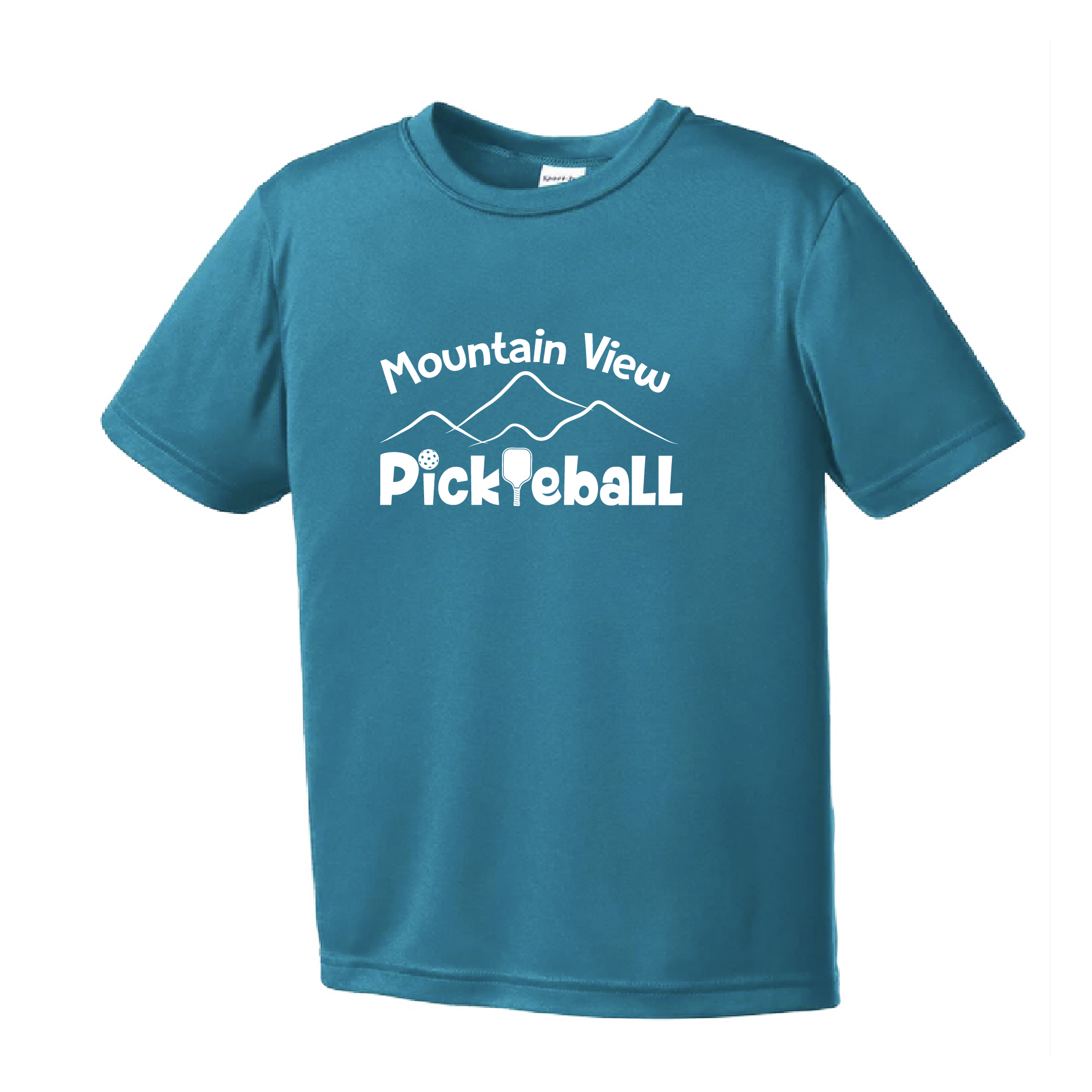 Pickleball Design: Mountain View Pickleball Club  Youth Styles: Short Sleeve  Shirt are lightweight, roomy and highly breathable. These moisture-wicking shirts are designed for athletic performance. They feature PosiCharge technology to lock in color and prevent logos from fading. Removable tag and set-in sleeves for comfort. 