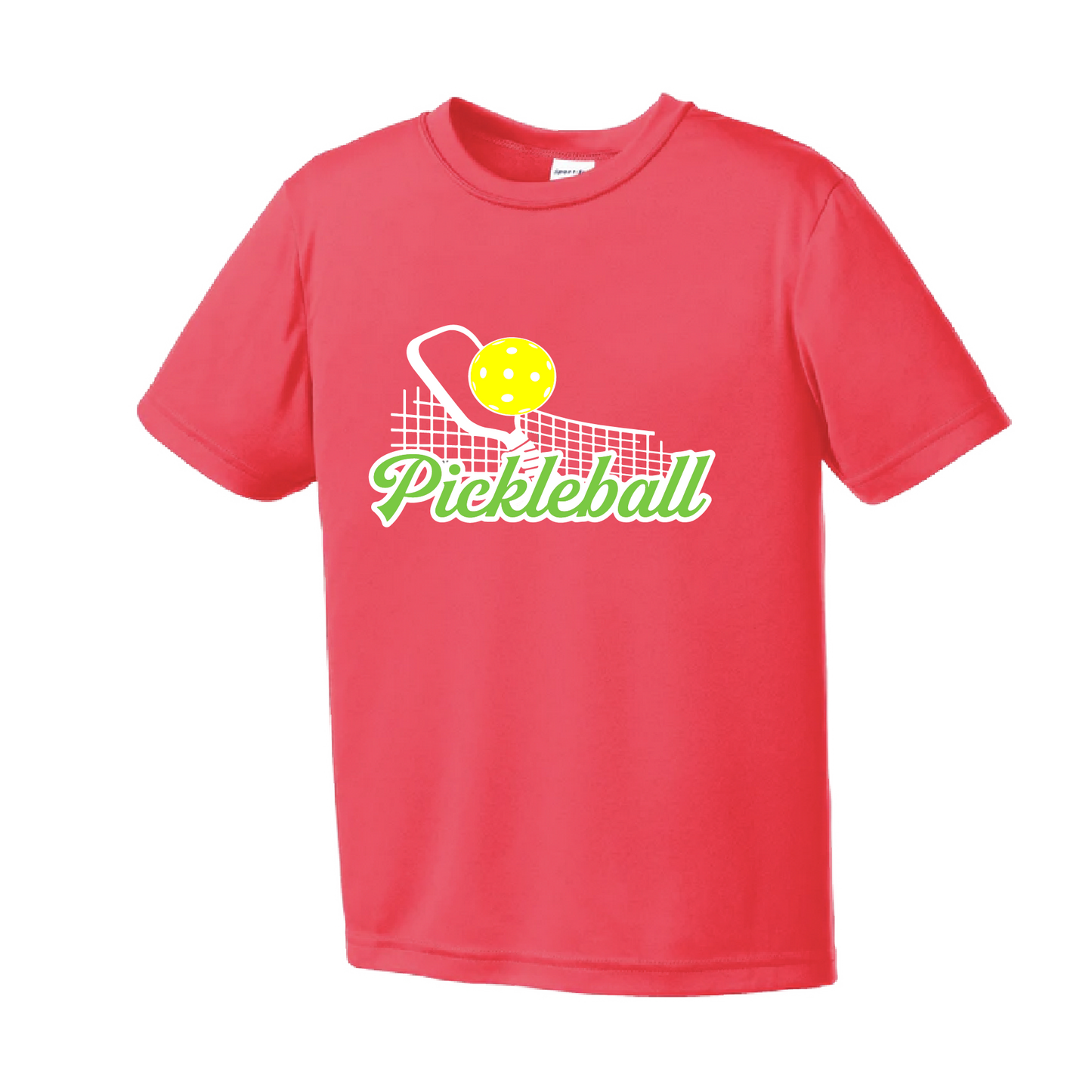 Pickleball Design: Pickleball with Net  Youth Style: Short Sleeve  Shirts are lightweight, roomy and highly breathable. These moisture-wicking shirts are designed for athletic performance. They feature PosiCharge technology to lock in color and prevent logos from fading. Removable tag and set-in sleeves for comfort.