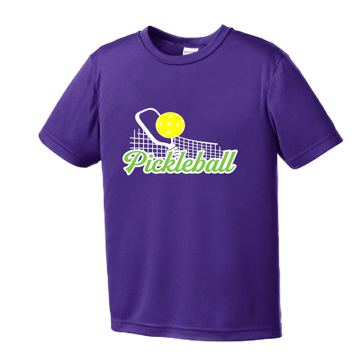 Pickleball Design: Pickleball with Net  Youth Style: Short Sleeve  Shirts are lightweight, roomy and highly breathable. These moisture-wicking shirts are designed for athletic performance. They feature PosiCharge technology to lock in color and prevent logos from fading. Removable tag and set-in sleeves for comfort.