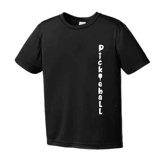 Pickleball Design: Pickleball Vertical - Customizable location  Youth Styles: Short Sleeve  Shirts are lightweight, roomy and highly breathable. These moisture-wicking shirts are designed for athletic performance. They feature PosiCharge technology to lock in color and prevent logos from fading. Removable tag and set-in sleeves for comfort.
