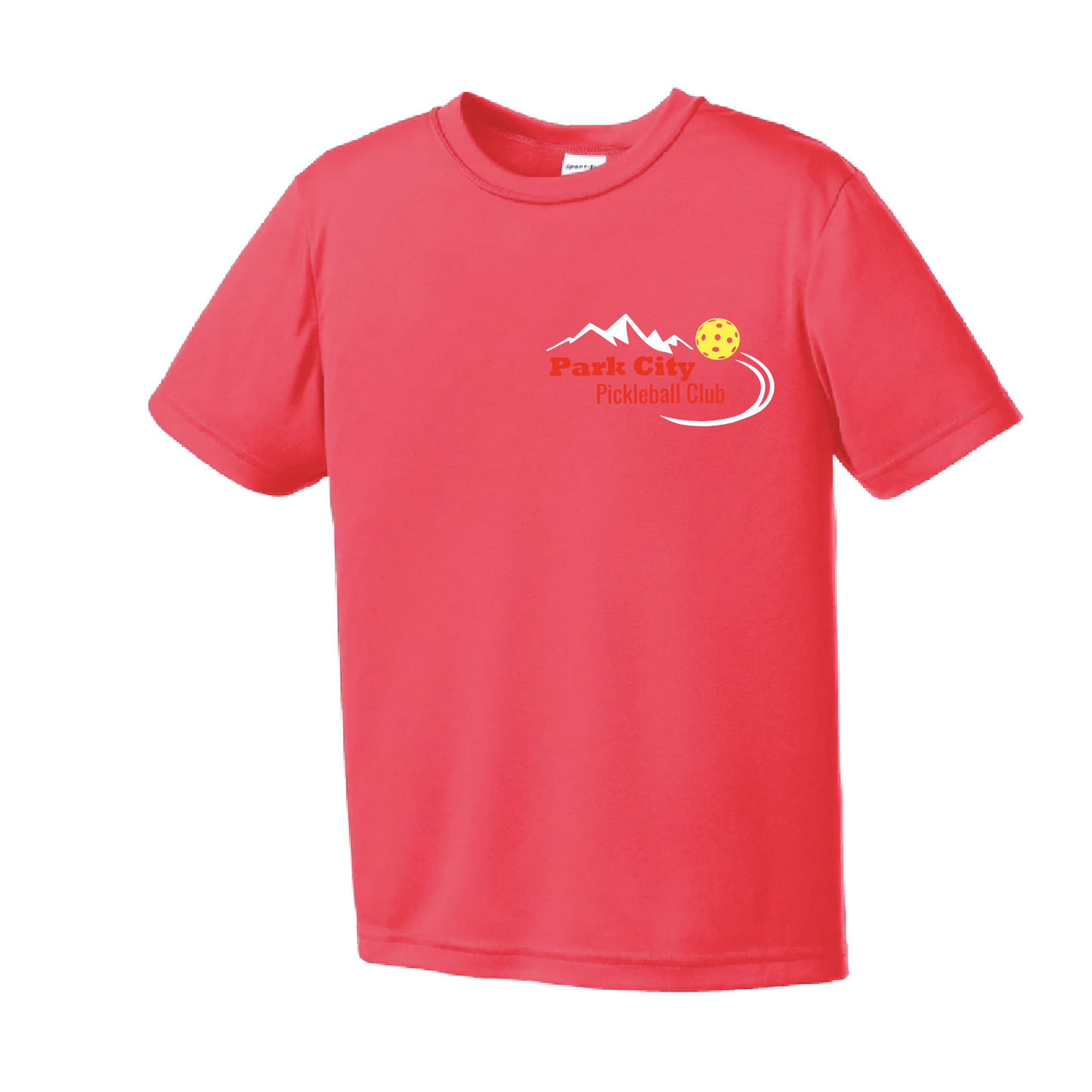 Pickleball Design:Park City Pickleball Club (Red Words)  Youth Style: Short Sleeve  Shirts are lightweight, roomy and highly breathable. These moisture-wicking shirts are designed for athletic performance. They feature PosiCharge technology to lock in color and prevent logos from fading. Removable tag and set-in sleeves for comfort.
