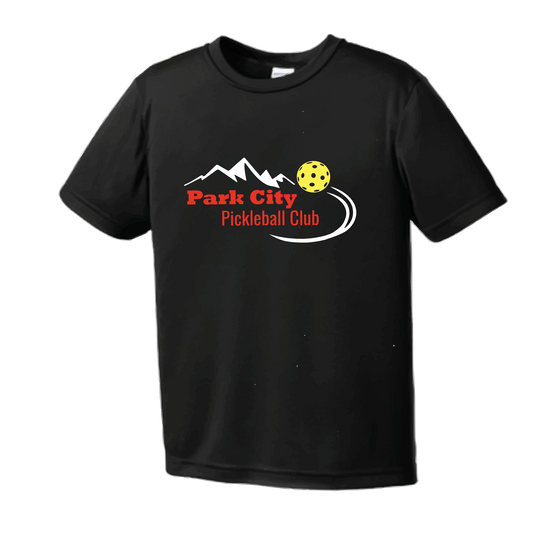 Pickleball Design:Park City Pickleball Club (Red Words)  Youth Style: Short Sleeve  Shirts are lightweight, roomy and highly breathable. These moisture-wicking shirts are designed for athletic performance. They feature PosiCharge technology to lock in color and prevent logos from fading. Removable tag and set-in sleeves for comfort.