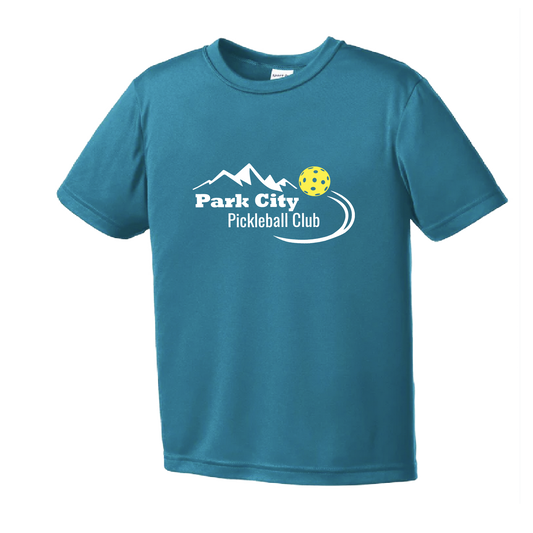 Pickleball Design: Park City Pickleball Club (White Words)  Youth Style: Short Sleeve  Shirts are lightweight, roomy and highly breathable. These moisture-wicking shirts are designed for athletic performance. They feature PosiCharge technology to lock in color and prevent logos from fading. Removable tag and set-in sleeves for comfort.