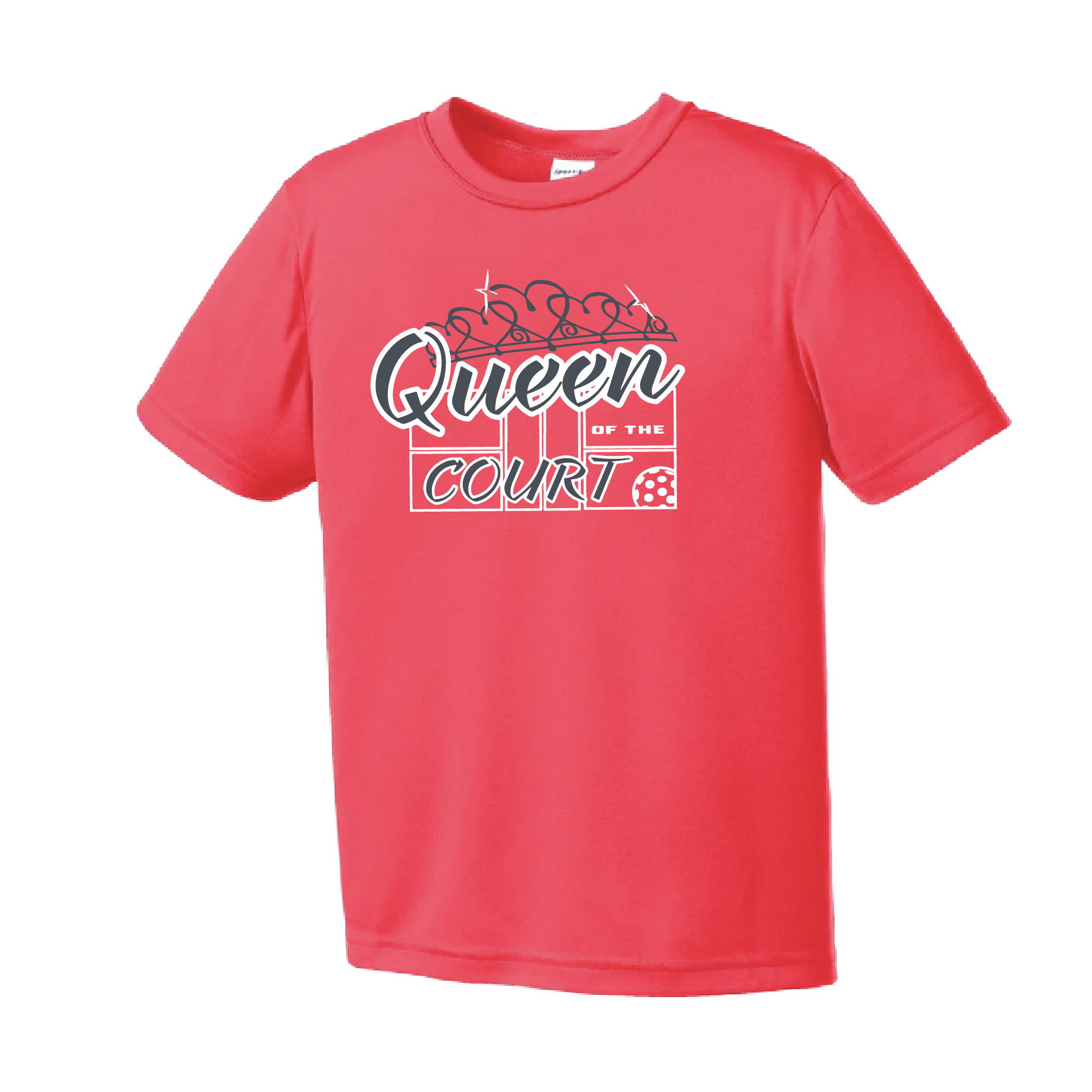 Pickleball Design: Queen of the Court  Youth Style: Short Sleeve  Shirts are lightweight, roomy and highly breathable. These moisture-wicking shirts are designed for athletic performance. They feature PosiCharge technology to lock in color and prevent logos from fading. Removable tag and set-in sleeves for comfort.