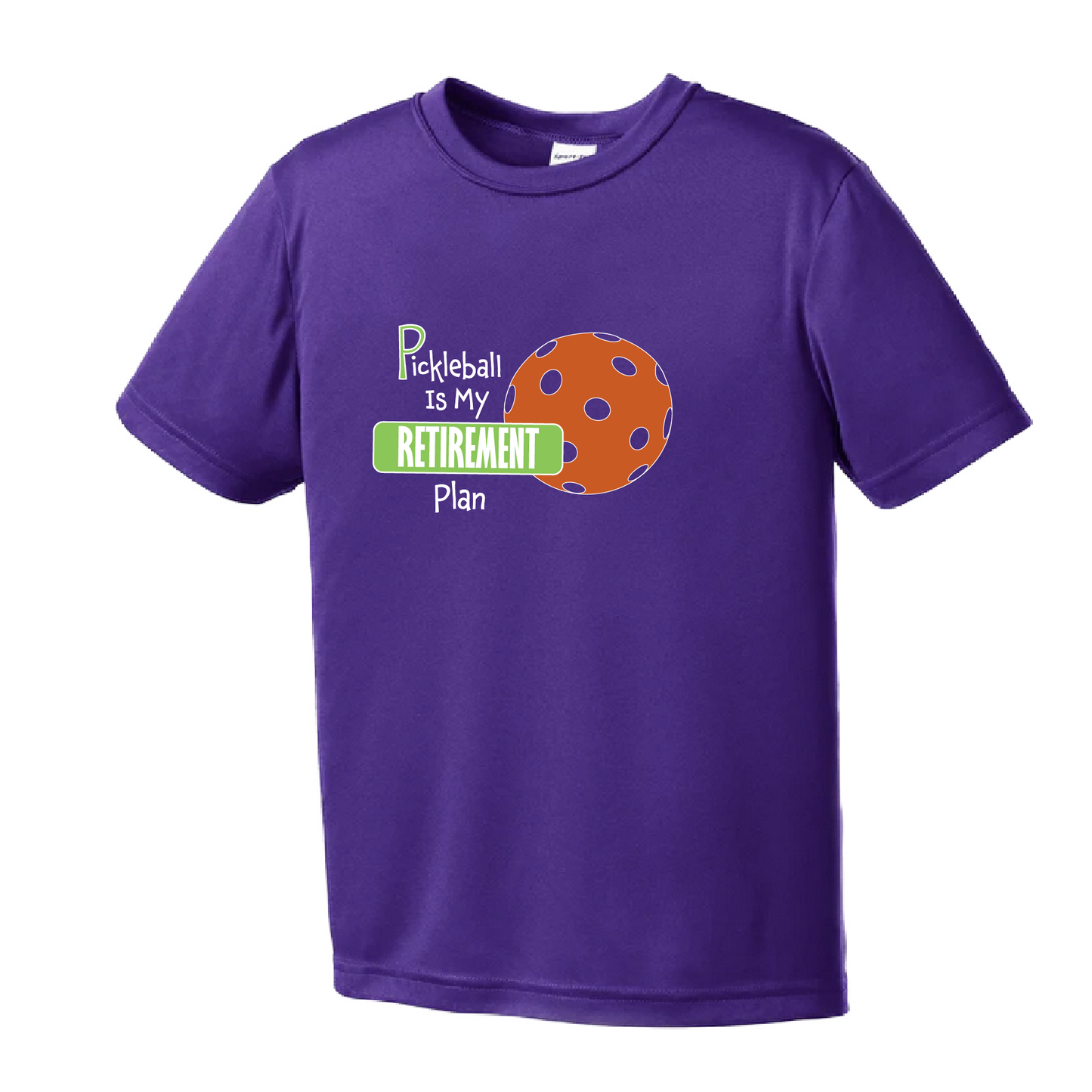 Pickleball Design: Pickleball is my Retirement Plan  Youth Style: Short Sleeve  Shirts are lightweight, roomy and highly breathable. These moisture-wicking shirts are designed for athletic performance. They feature PosiCharge technology to lock in color and prevent logos from fading. Removable tag and set-in sleeves for comfort.