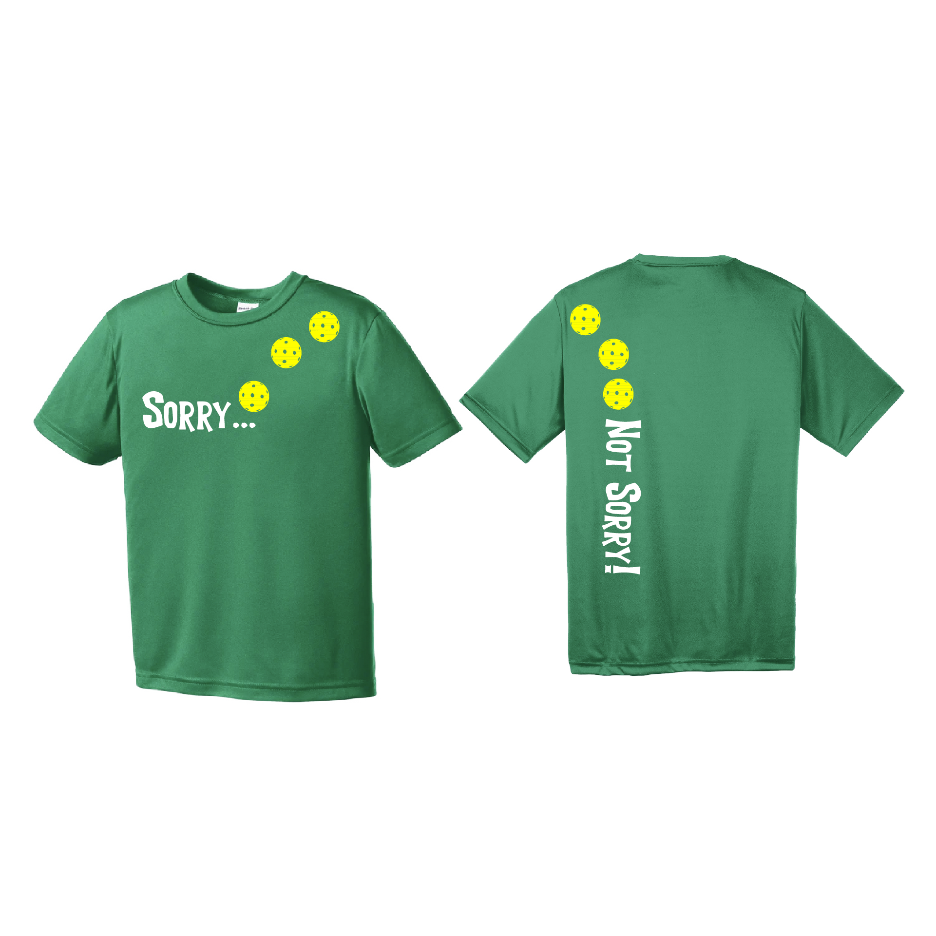 Pickleball Design: Sorry... Not Sorry - Customizable Ball Color - Choose: Yellow, White or Green.   Youth Styles: Short Sleeve  Shirts are lightweight, roomy and highly breathable. These moisture-wicking shirts are designed for athletic performance. They feature PosiCharge technology to lock in color and prevent logos from fading. Removable tag and set-in sleeves for comfort.