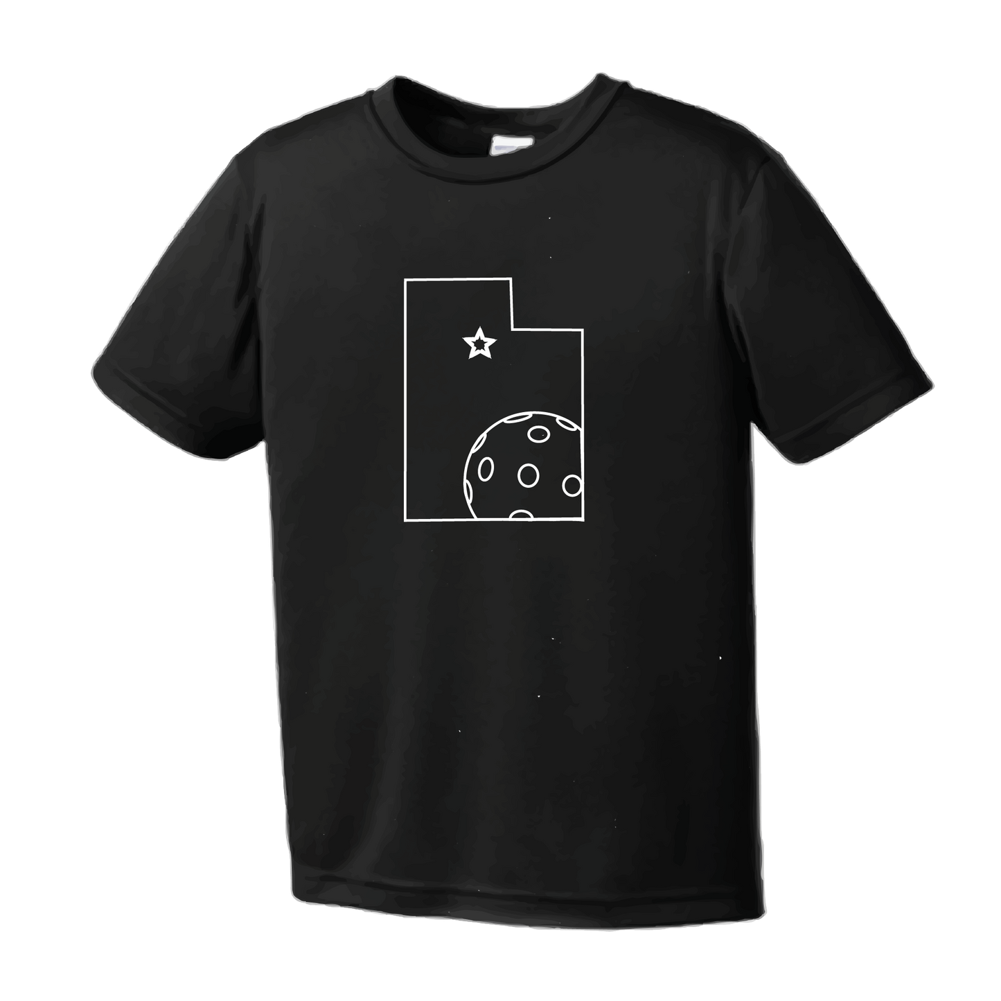Pickleball Design: Utah with Star and Ball.   Style:  Short-Sleeve  Shirts are lightweight, roomy and highly breathable. These moisture-wicking shirts are designed for athletic performance. They feature PosiCharge technology to lock in color and prevent logos from fading. Removable tag and set-in sleeves for comfort.