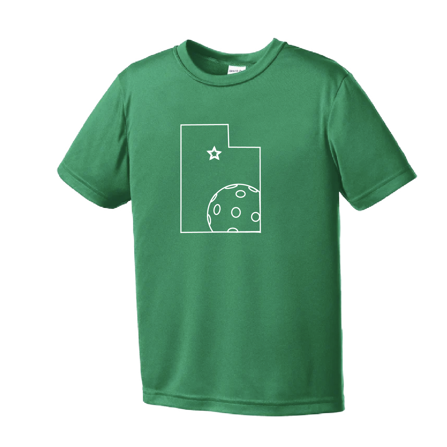 Pickleball Design: Utah with Star and Ball.   Style:  Short-Sleeve  Shirts are lightweight, roomy and highly breathable. These moisture-wicking shirts are designed for athletic performance. They feature PosiCharge technology to lock in color and prevent logos from fading. Removable tag and set-in sleeves for comfort.
