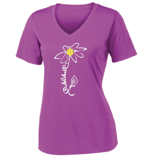 Pickleball Design:  Pickleball Flower"  Women's Styles: Short Sleeve V-Neck (SSV)  Turn up the volume in this Women's shirt with its perfect mix of softness and attitude. Material is ultra-comfortable with moisture wicking properties and tri-blend softness. PosiCharge technology locks in color. Highly breathable and lightweight.