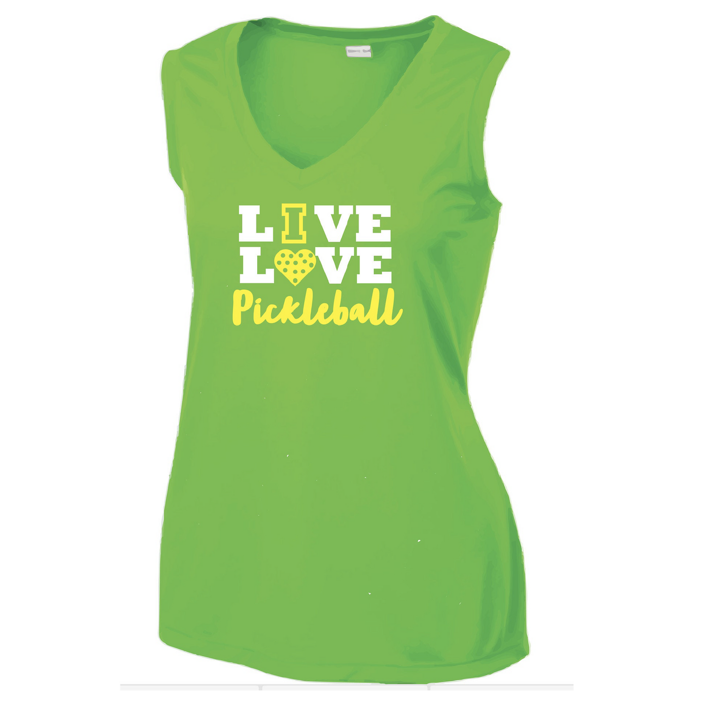 Pickleball Design: "Live Love Pickleball" - Lime Shock Green in color  Turn up the volume in this Women's shirt with its perfect mix of softness and attitude. Material is ultra-comfortable with moisture wicking properties and tri-blend softness. PosiCharge technology locks in color. Highly breathable and lightweight.