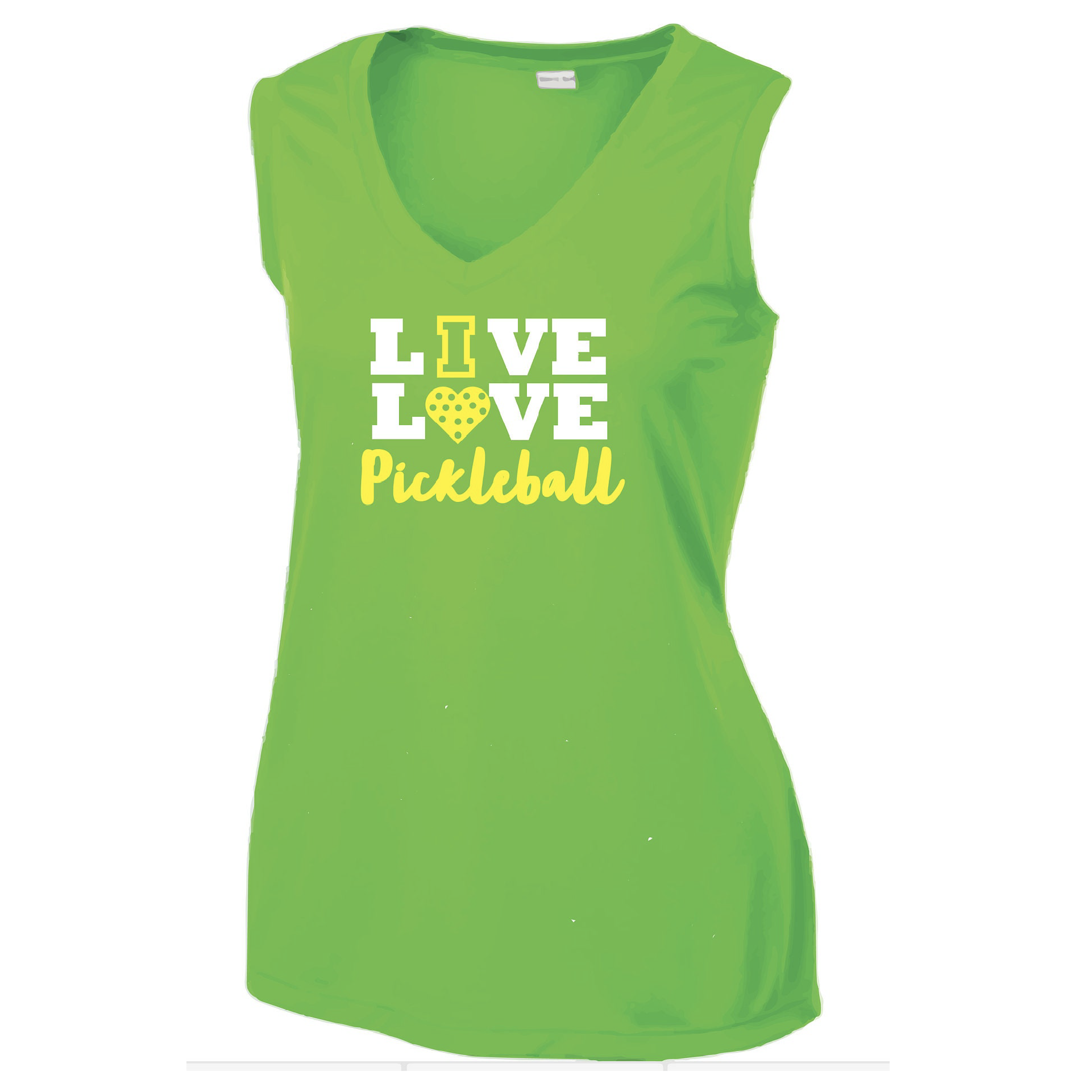 Pickleball Design: "Live Love Pickleball" - Lime Shock Green in color  Turn up the volume in this Women's shirt with its perfect mix of softness and attitude. Material is ultra-comfortable with moisture wicking properties and tri-blend softness. PosiCharge technology locks in color. Highly breathable and lightweight.