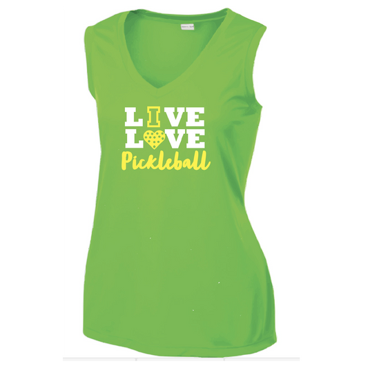 Pickleball Design: "Live Love Pickleball" - Lime Shock Green in color  Turn up the volume in this Women's shirt with its perfect mix of softness and attitude. Material is ultra-comfortable with moisture wicking properties and tri-blend softness. PosiCharge technology locks in color. Highly breathable and lightweight.