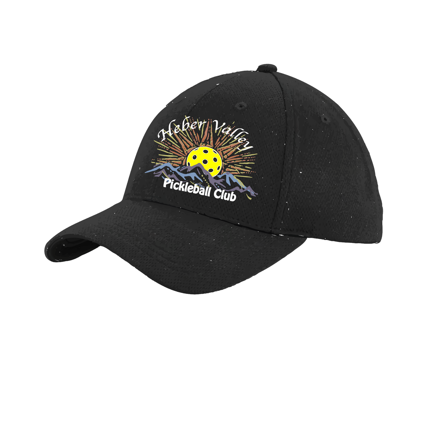 Pickleball Hat Design: Heber Valley Pickleball Club  This fun pickleball hat is the perfect accessory for all pickleball players needing to keep their focus on the game and not the sun. The moisture-wicking material is made of 100% polyester with closed-hole flat back mesh and PosiCharge Technology. The back closure is a hock and loop style made to adjust to every adult.