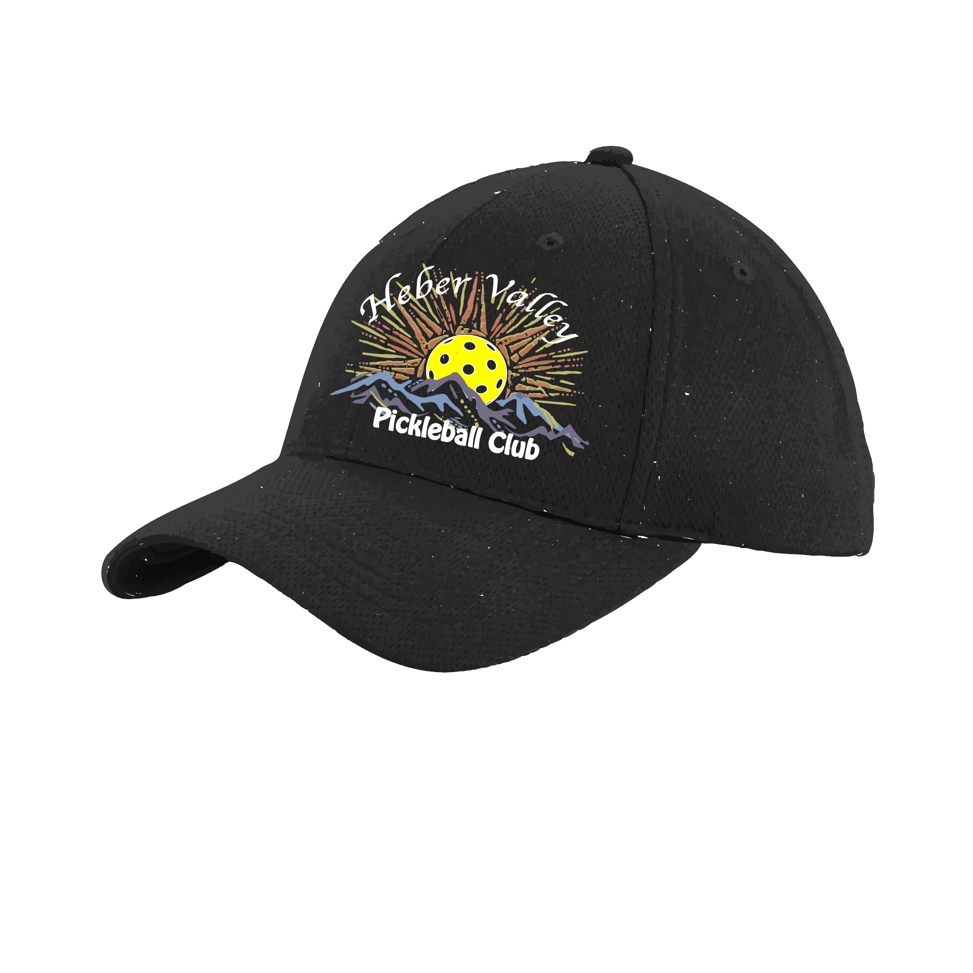 Pickleball Hat Design: Heber Valley Pickleball Club  This fun pickleball hat is the perfect accessory for all pickleball players needing to keep their focus on the game and not the sun. The moisture-wicking material is made of 100% polyester with closed-hole flat back mesh and PosiCharge Technology. The back closure is a hock and loop style made to adjust to every adult.