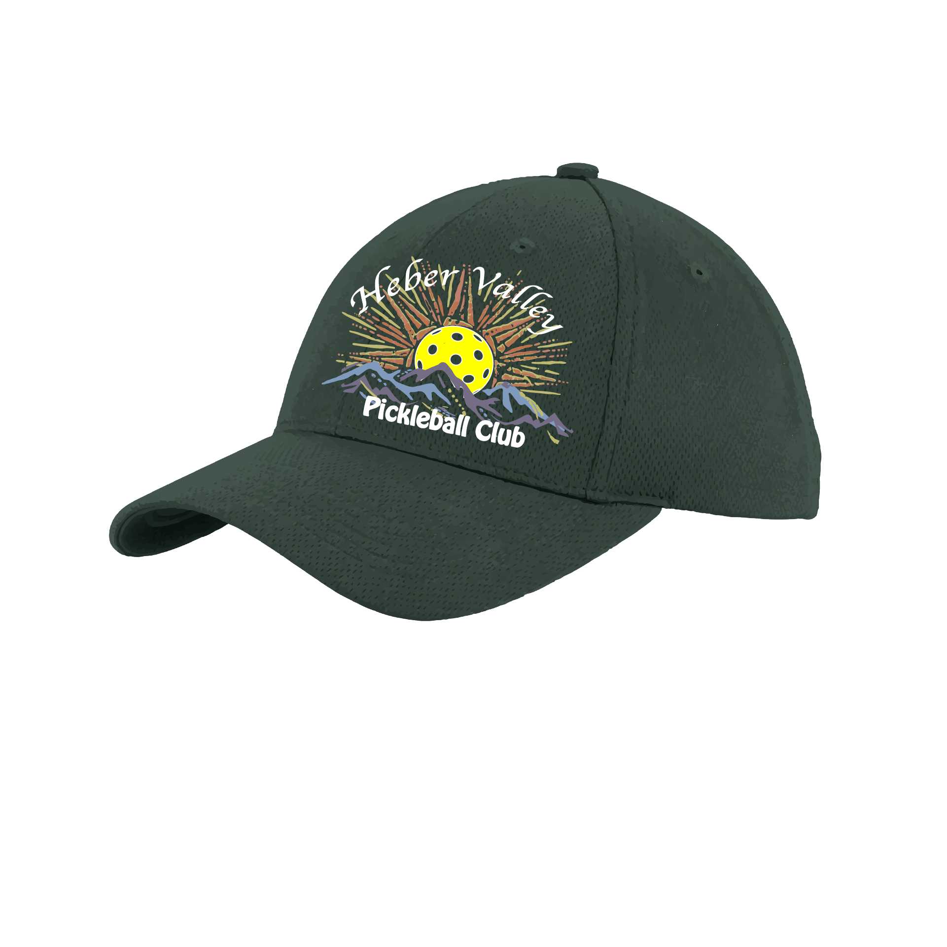 Pickleball Hat Design: Heber Valley Pickleball Club  This fun pickleball hat is the perfect accessory for all pickleball players needing to keep their focus on the game and not the sun. The moisture-wicking material is made of 100% polyester with closed-hole flat back mesh and PosiCharge Technology. The back closure is a hock and loop style made to adjust to every adult.