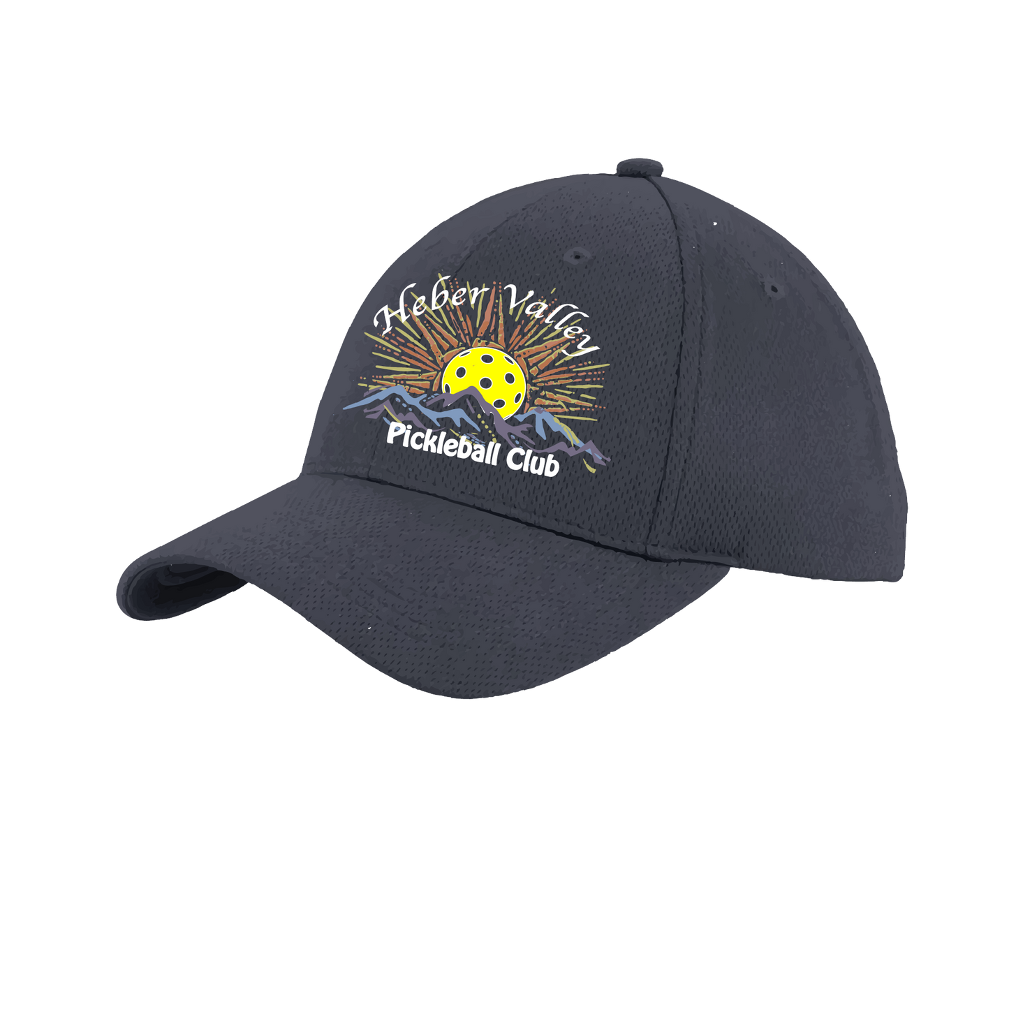 Pickleball Hat Design: Heber Valley Pickleball Club  This fun pickleball hat is the perfect accessory for all pickleball players needing to keep their focus on the game and not the sun. The moisture-wicking material is made of 100% polyester with closed-hole flat back mesh and PosiCharge Technology. The back closure is a hock and loop style made to adjust to every adult.