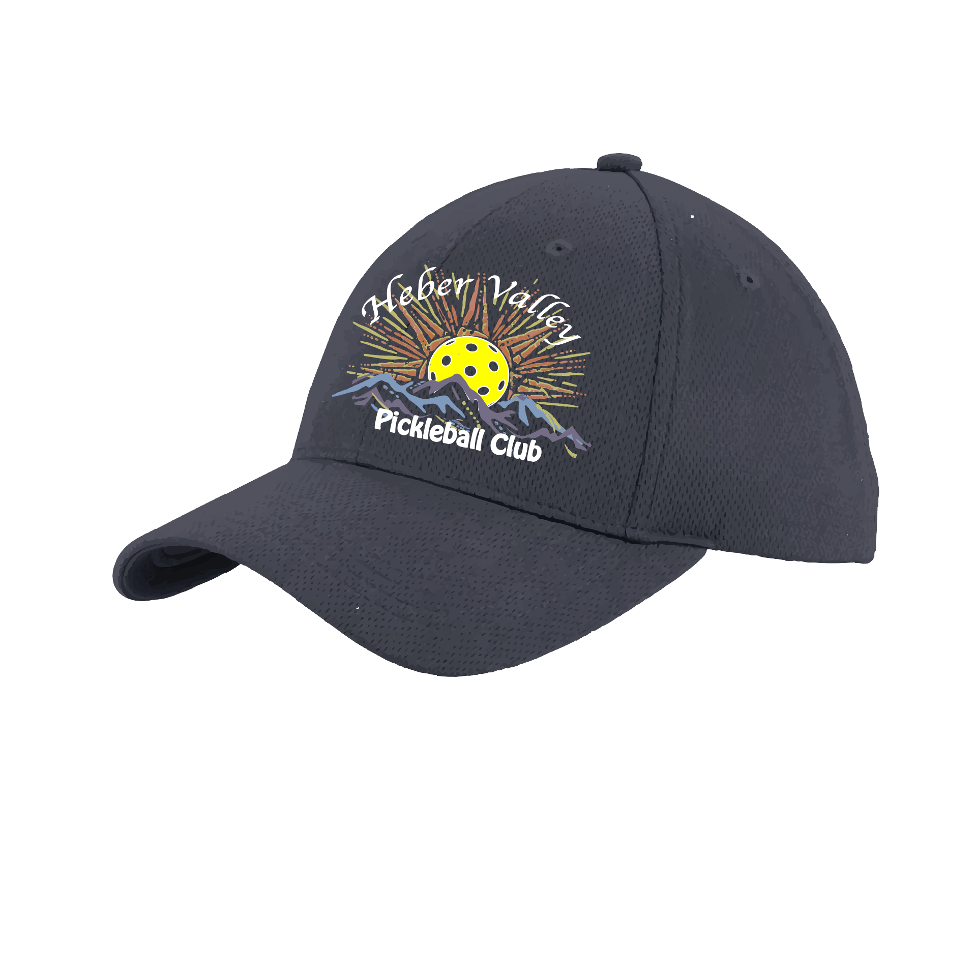 Pickleball Hat Design: Heber Valley Pickleball Club  This fun pickleball hat is the perfect accessory for all pickleball players needing to keep their focus on the game and not the sun. The moisture-wicking material is made of 100% polyester with closed-hole flat back mesh and PosiCharge Technology. The back closure is a hock and loop style made to adjust to every adult.