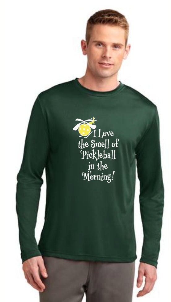 Pickleball Design: I Love the Smell of Pickleball in the Morning -  Men's Long Sleeve Shirt  Take on your opponents in maximum comfort. Our lightweight, value- priced Competitor Tee has a roomy, athletic cut and controls sweat like a champ. Improved with PosiChargeTM technology, it also locks in color for logos that won’t fade.
