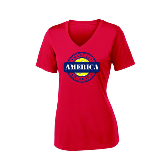 Pickleball Design: Made in America Pickleball - Women's Short Sleeve Shirts  Super fun pickleball shirt for women to wear when they are dominating on the courts!!  Lightweight, roomy and highly breathable, these moisture-wicking, value-priced tees feature PosiCharge technology to lock in color and prevent logos from fading.  Gently contoured silhouette.  Removable tag for comfort.