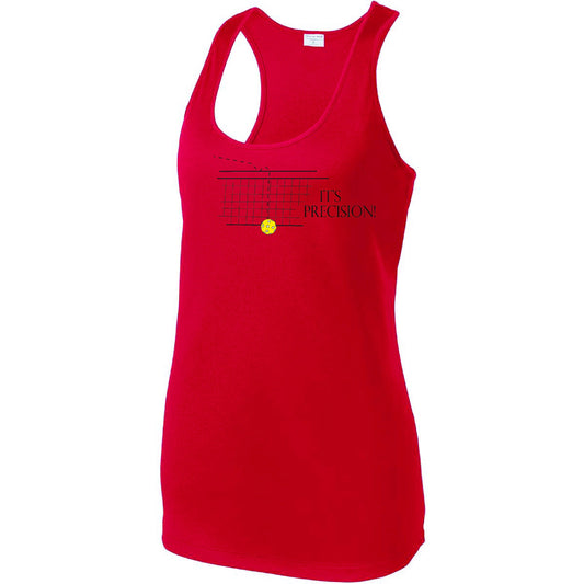 Pickleball Design:  It's Precision  What a great way to show your love for Pickleball with this amazing pickleball tank top ladies!! You will dominate on the courts!!  A layerable, moisture-wicking must-have with PosiCharge technology to lock in color-all at a great value.  Gently contoured silhouette.  Removable tag for comfort.